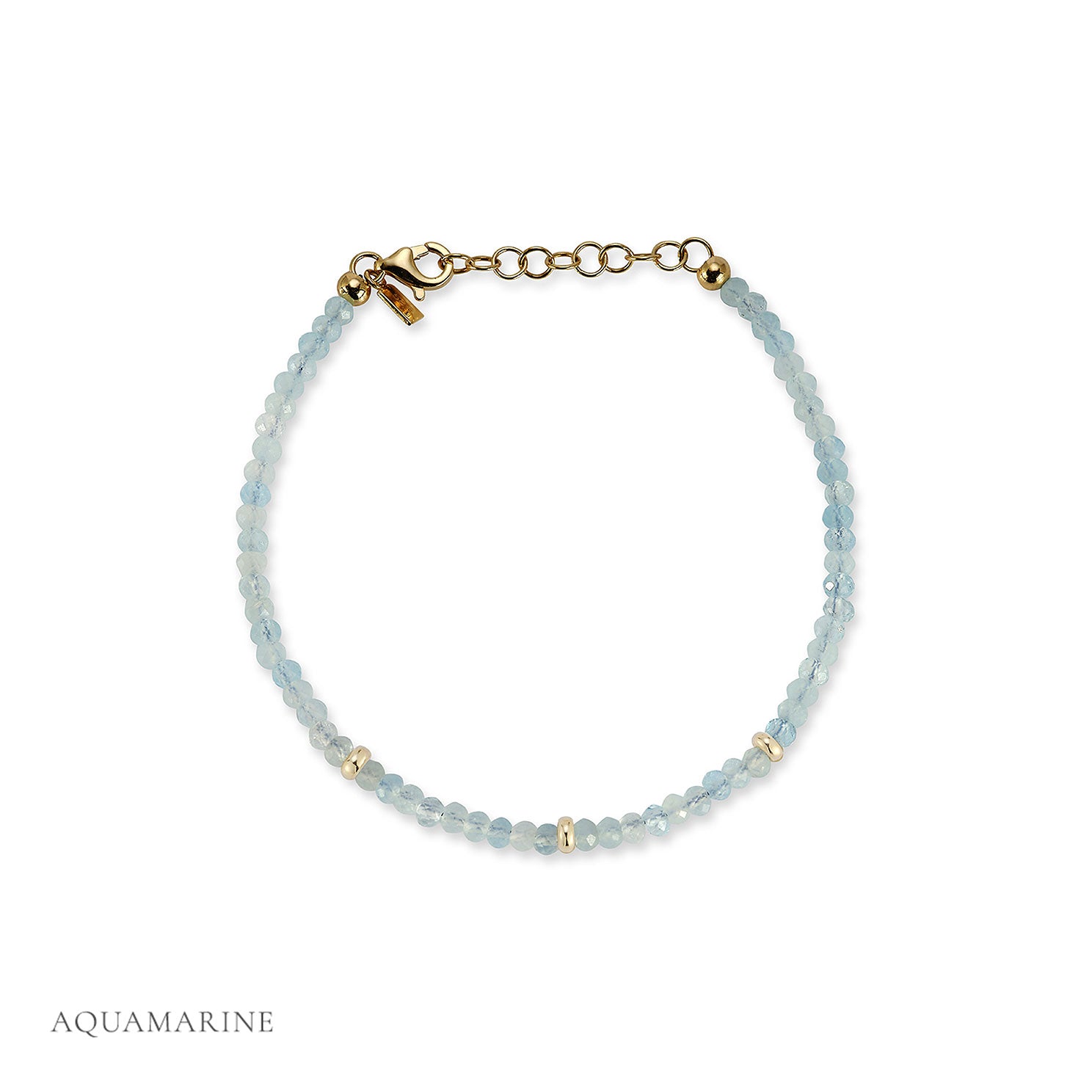 Birthstone Bead Bracelet In Aquamarine with 14k yellow gold chain