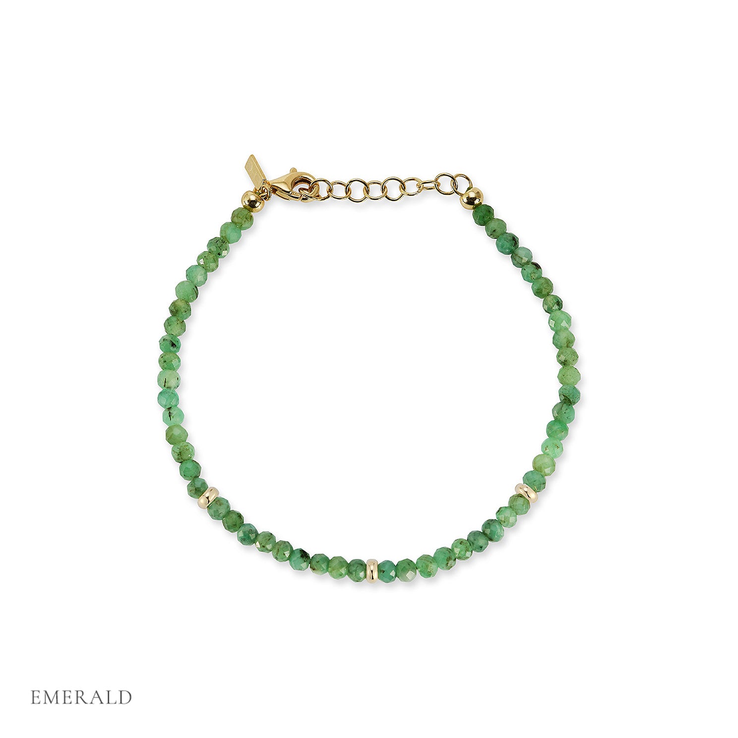 Birthstone Bead Bracelet In Emerald with 14k yellow gold chain