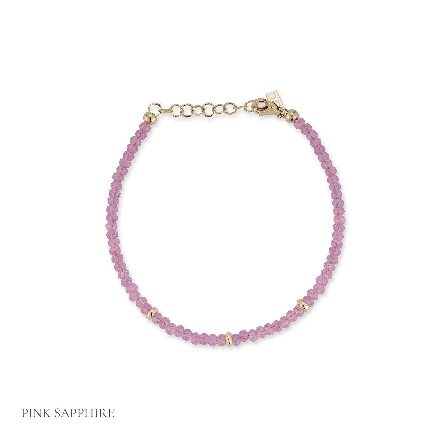 Birthstone Bead Bracelet in Pink Sapphire with 14k yellow gold chain - September Option