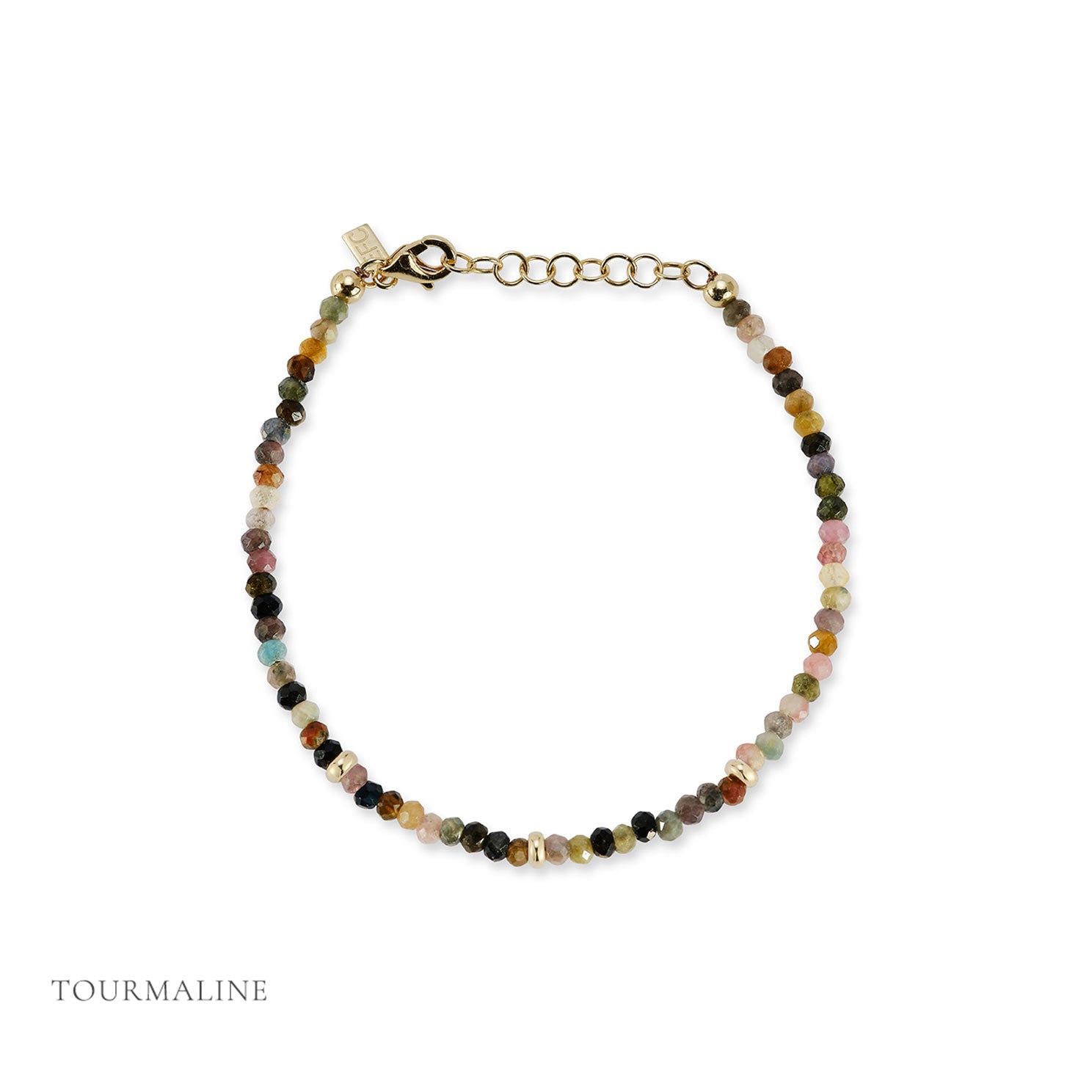 Birthstone Bead Bracelet In Tourmaline with 14k yellow gold chain