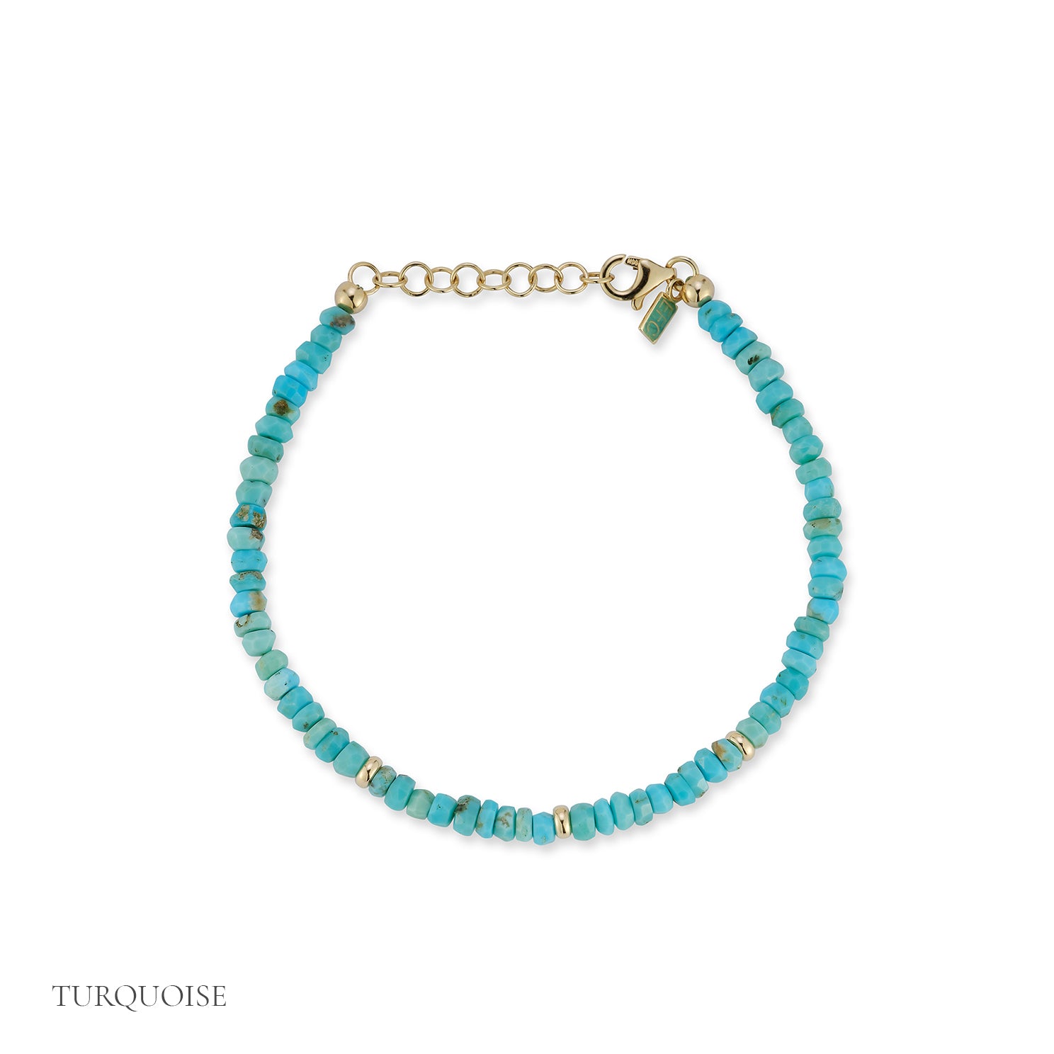 Birthstone Bead Bracelet In Turquoise with 14k yellow gold chain - December Option