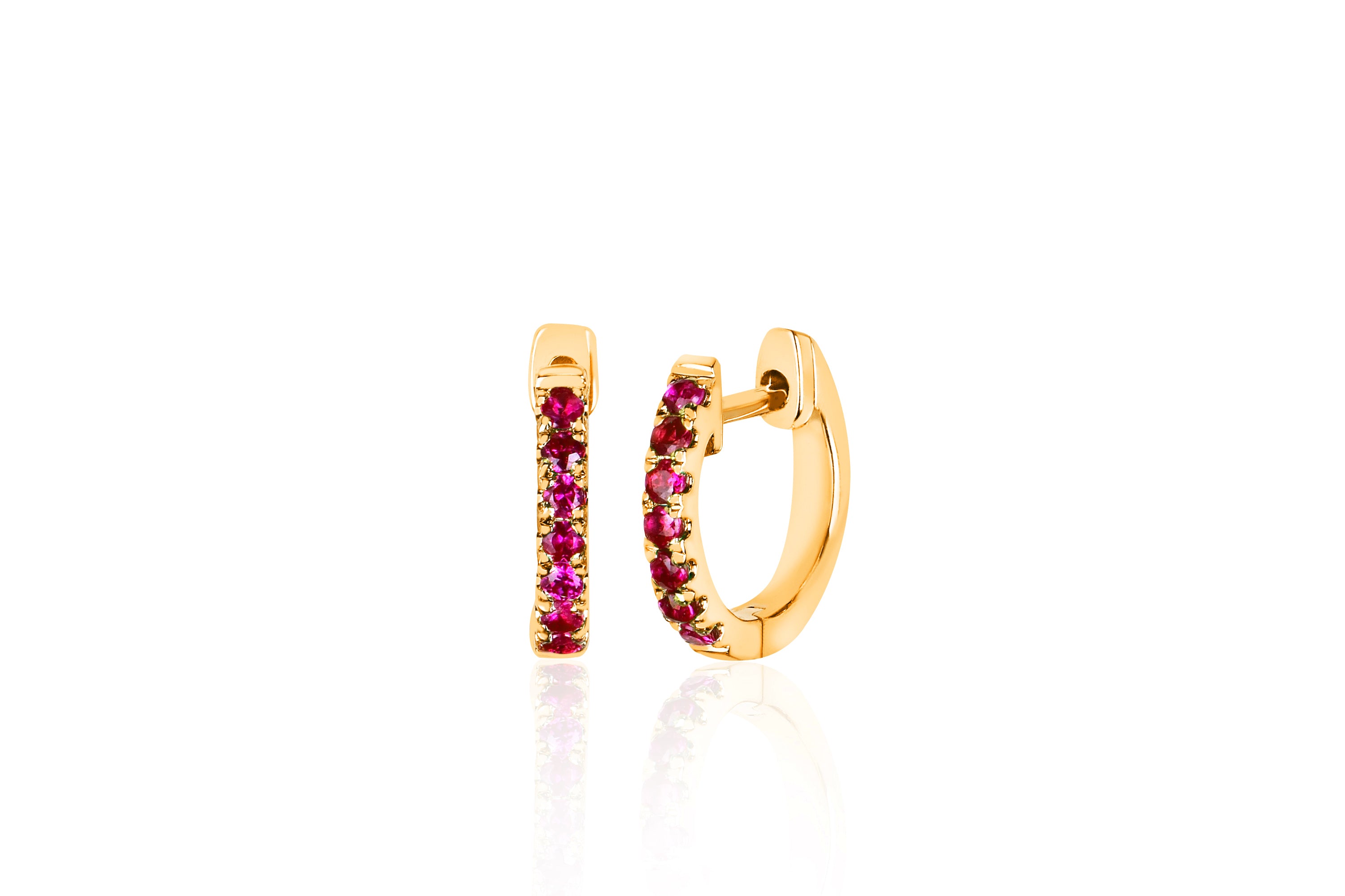 14k (karat) yellow gold huggie earrings measuring 10 mm in height with precious ruby stones measuring 1.5 mm in width set in the front.