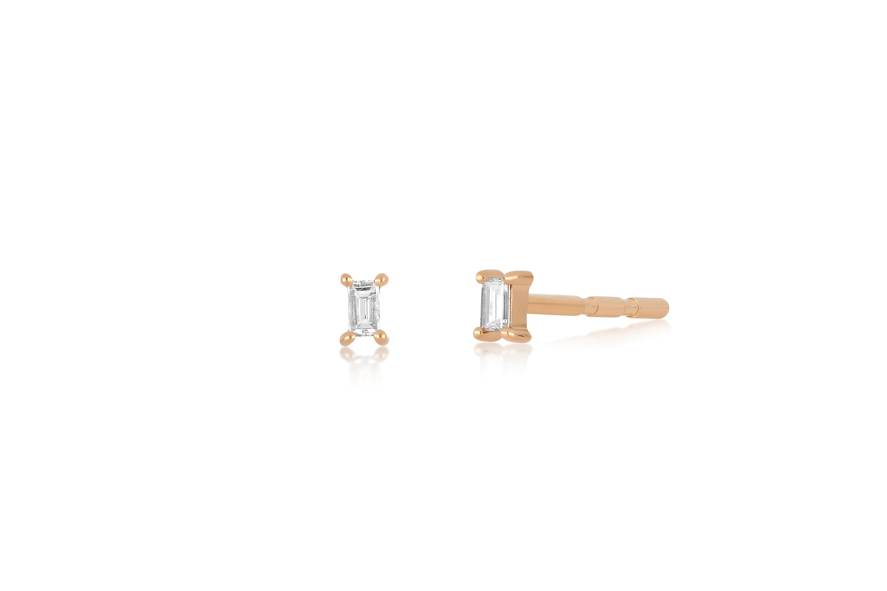 14k (karat) rose gold diamond baguette stud earrings with butterfly post backs.