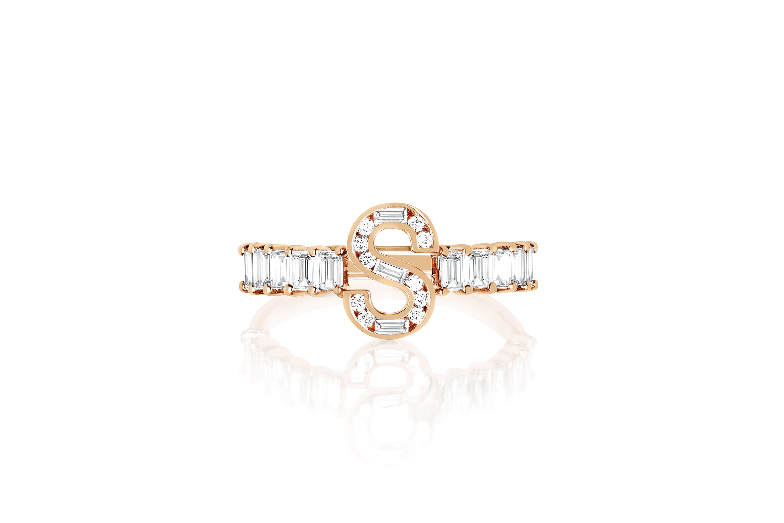 14k (karat) rose gold custom initial ring with baguette diamonds all around and diamonds filling the custom initial "S".