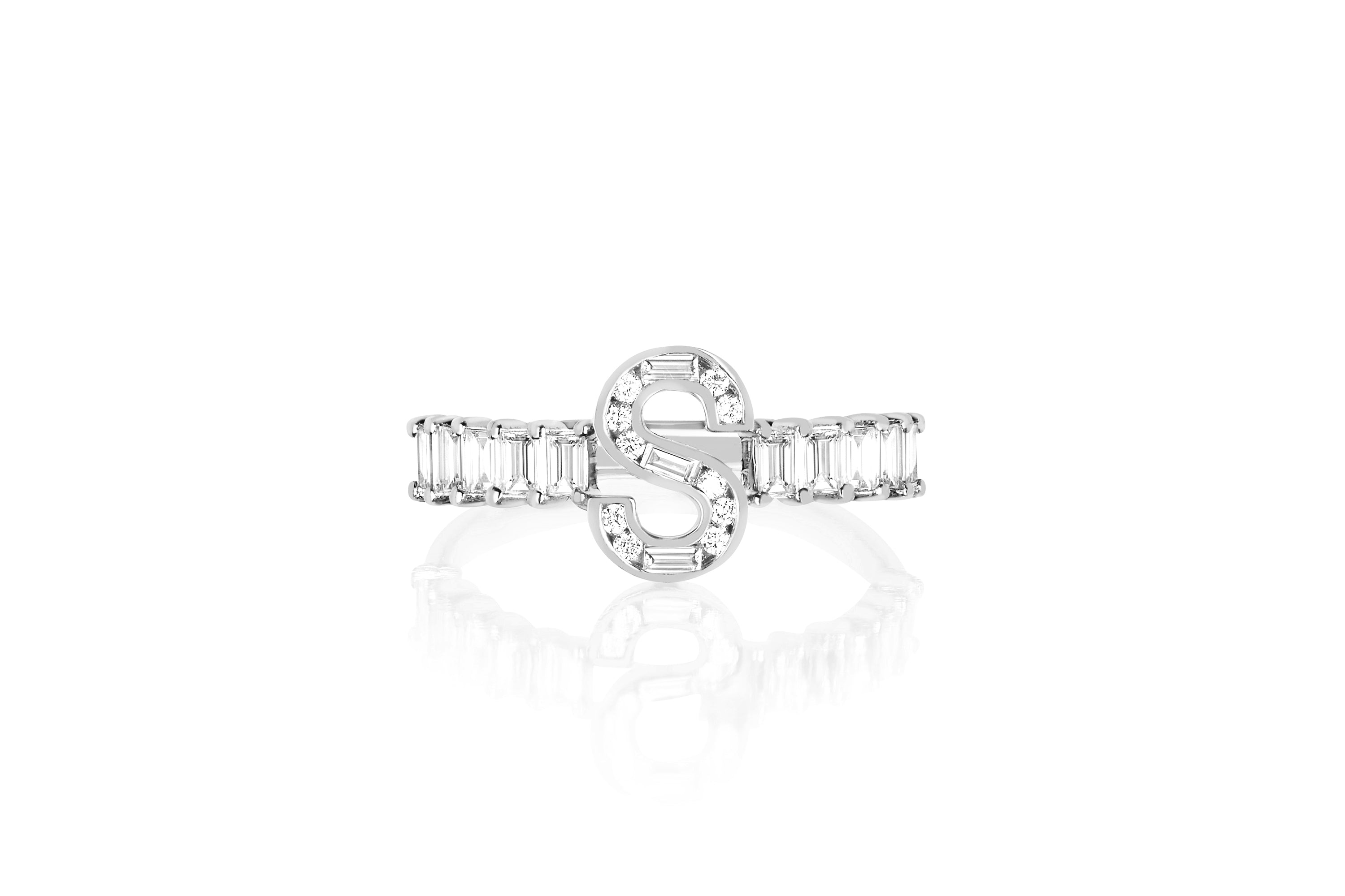 14k (karat) white gold custom initial ring with baguette diamonds all around and diamonds filling the custom initial "S".