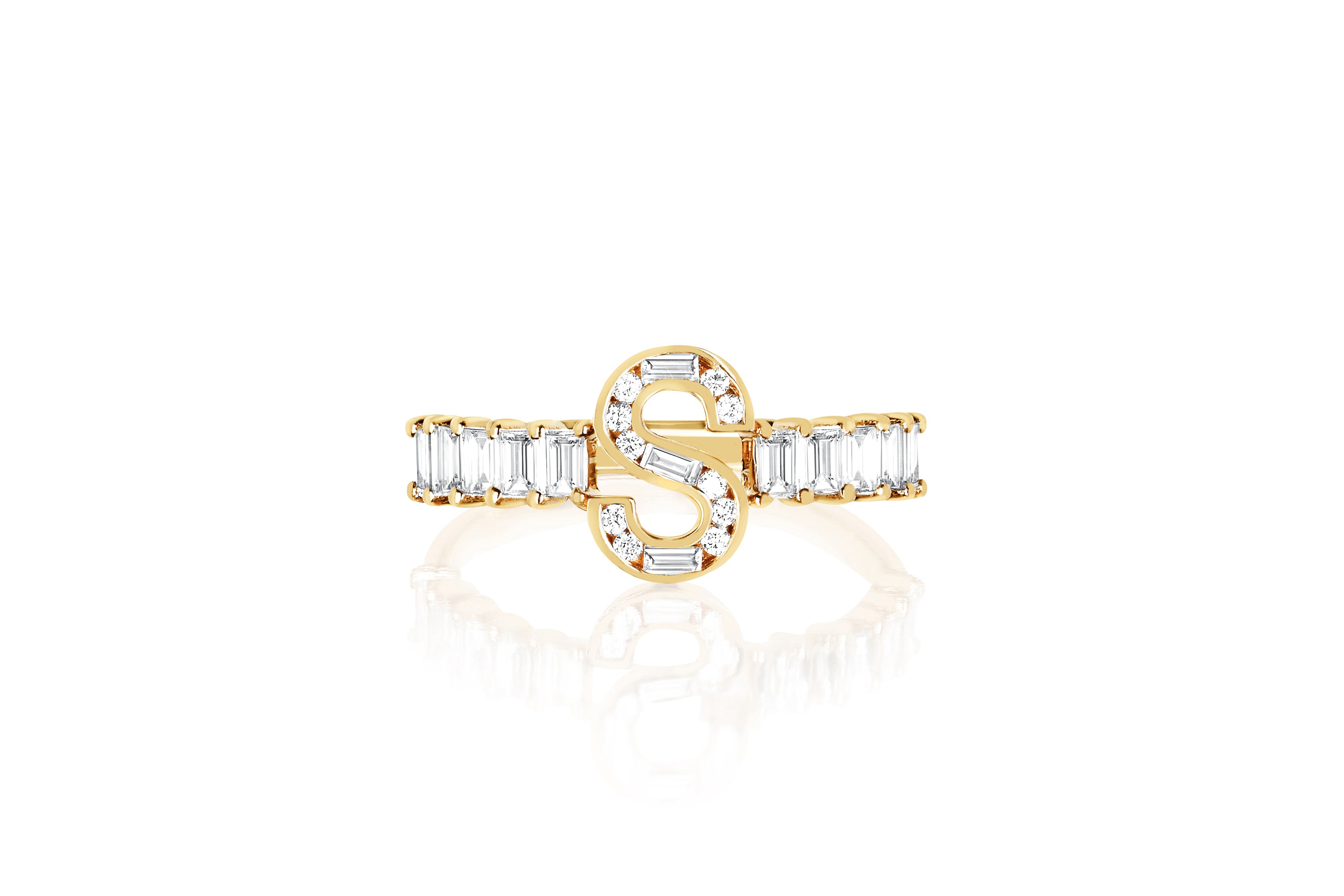 Custom Baguette Diamond Initial Ring 14k Gold EF Collection