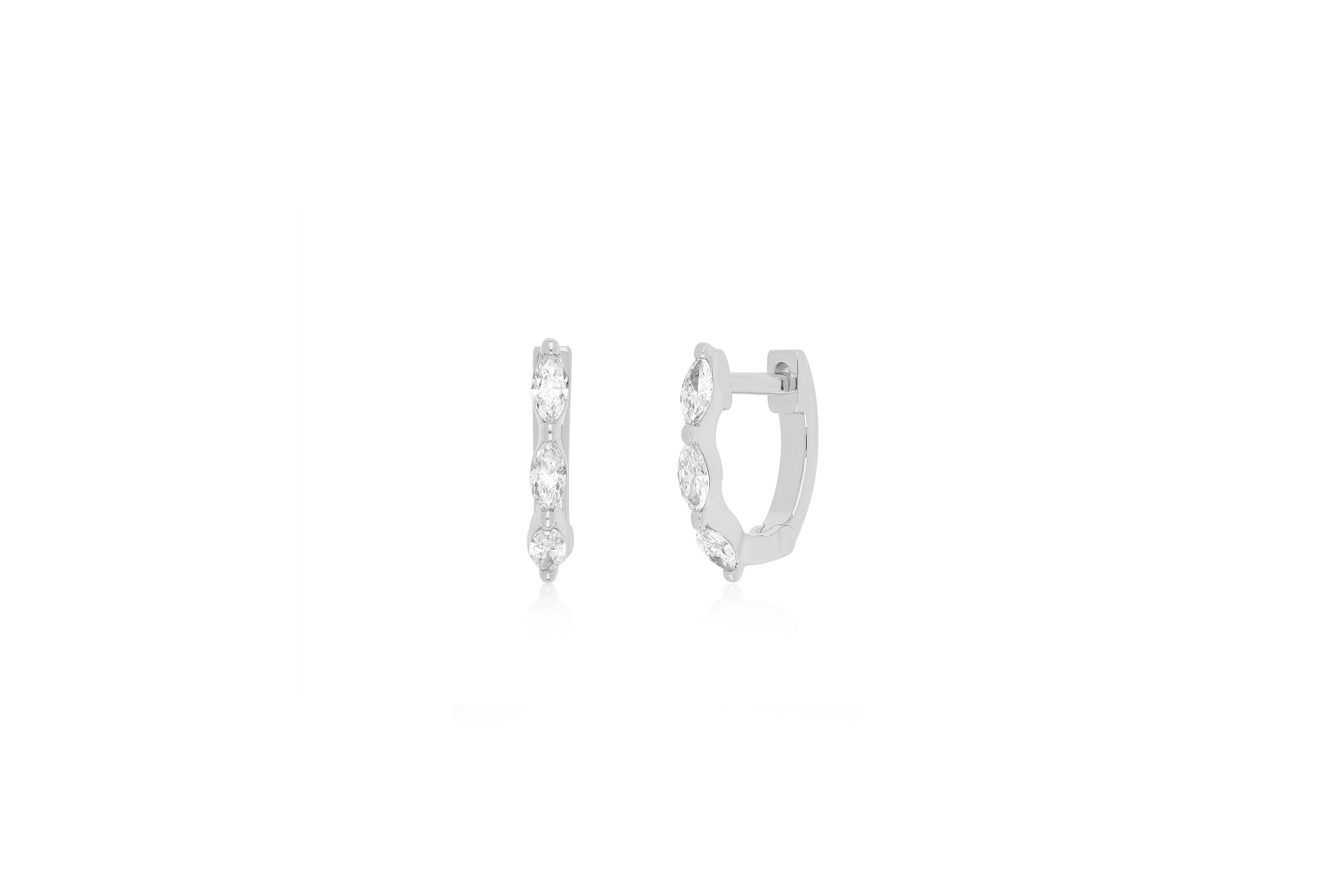 14k (karat) white gold mini huggie with 6 marquise diamonds (3 on each huggie) at 0.19 carats.