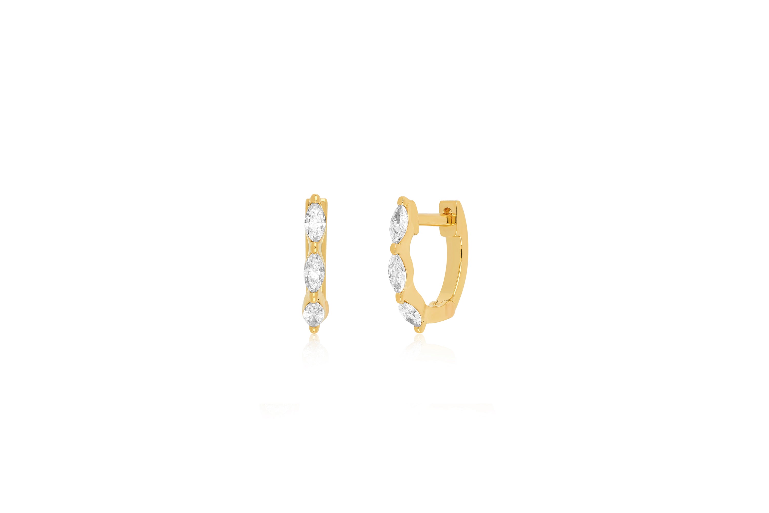 14k (karat) yellow gold mini huggie with 6 marquise diamonds (3 on each huggie) at 0.19 carats.