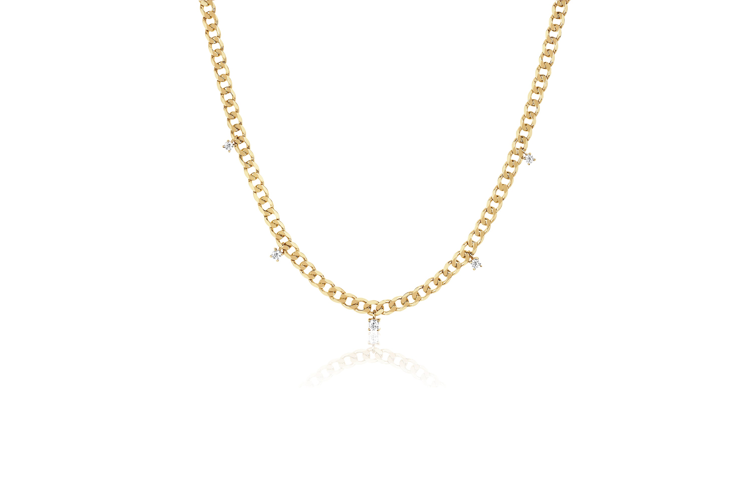 14k (karat) yellow gold curb chain necklace with 5 prong set diamonds