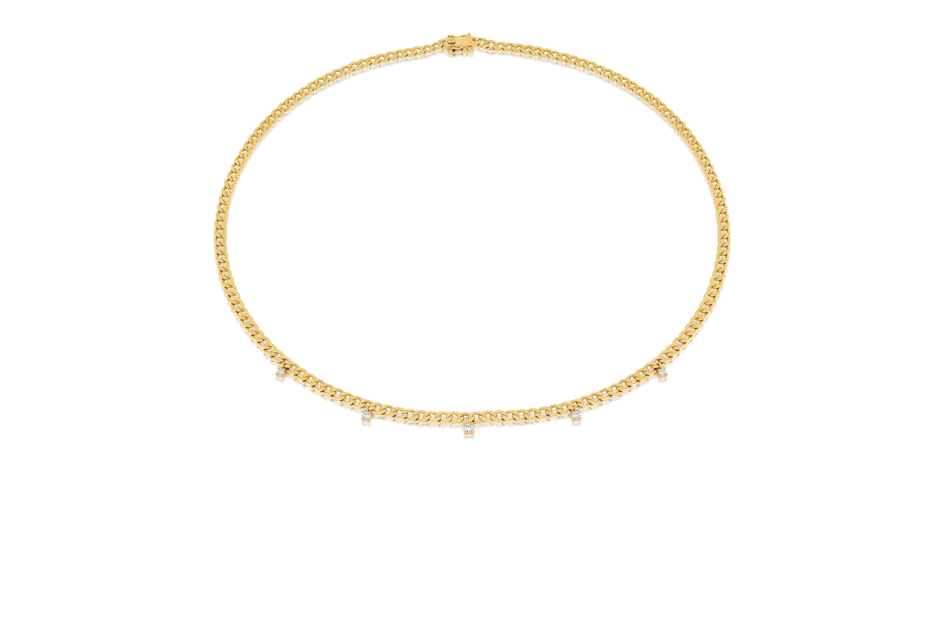 Flat lay of 14k (karat) yellow gold curb chain necklace with 5 prong set diamonds