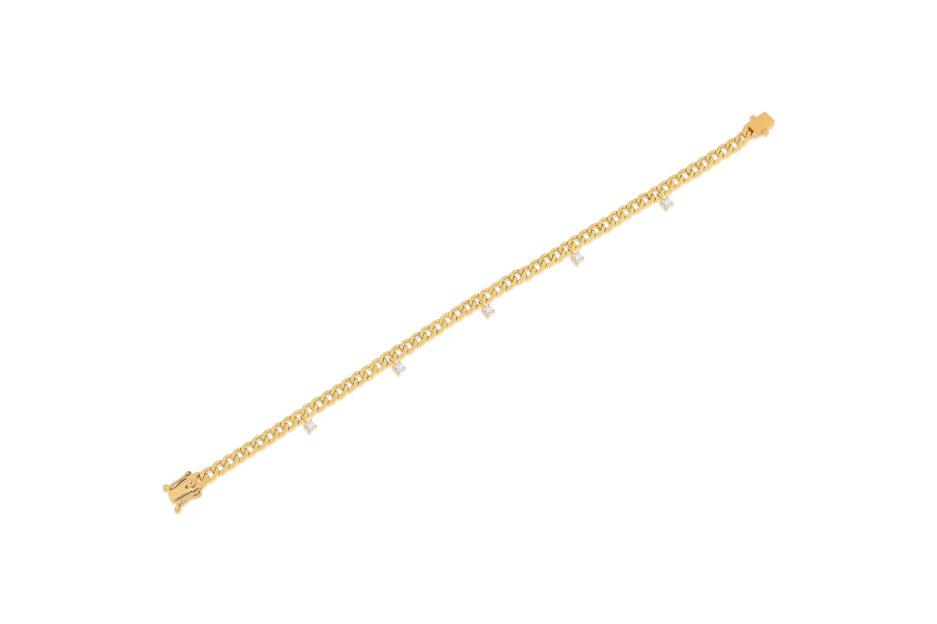 Flat lay of a 14k (karat) yellow gold curb chain bracelet with 5 prong set diamonds dangling from links.