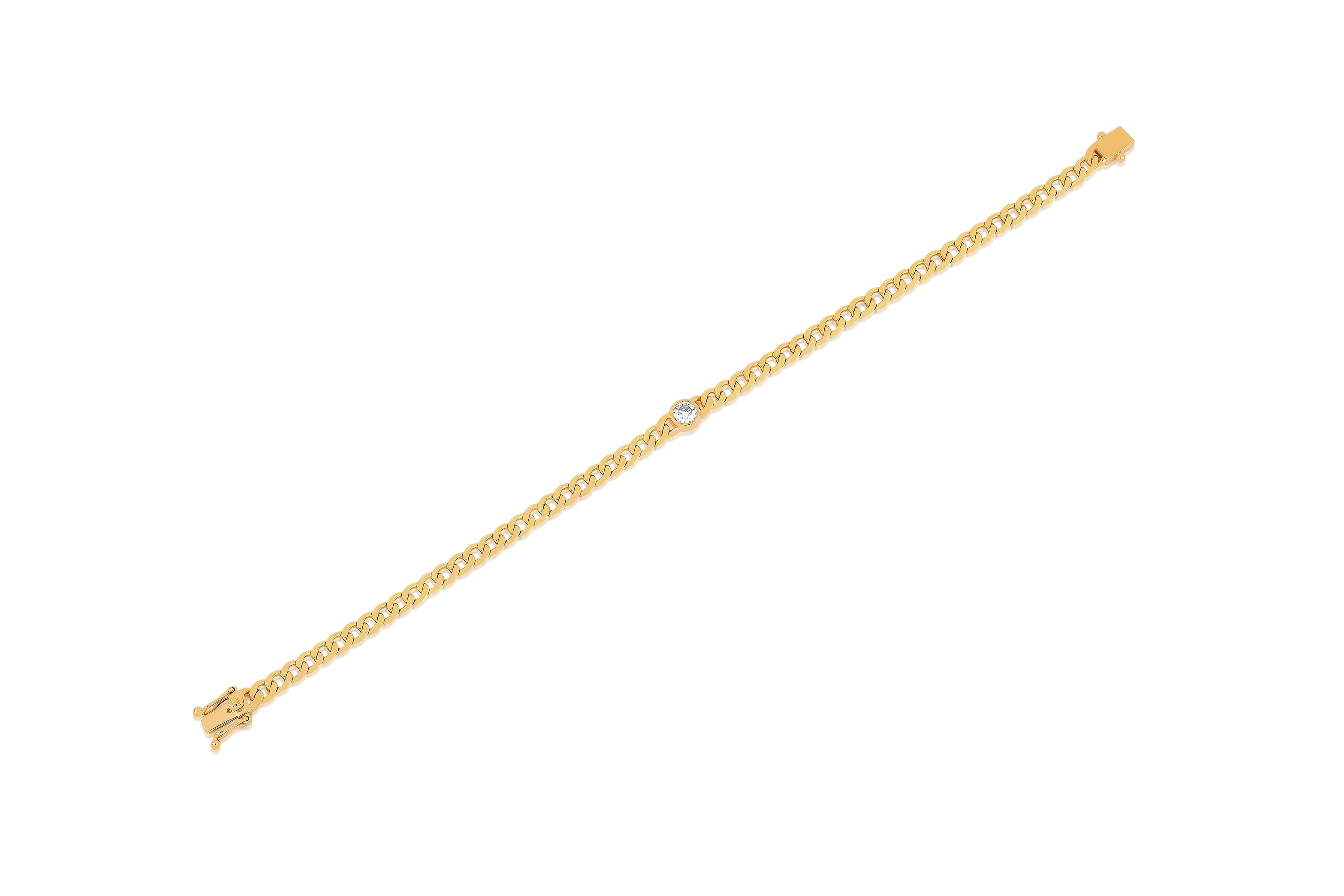 Flat lay image of a 14k (karat) yellow gold curb chain bracelet with 1 bezel set diamond.