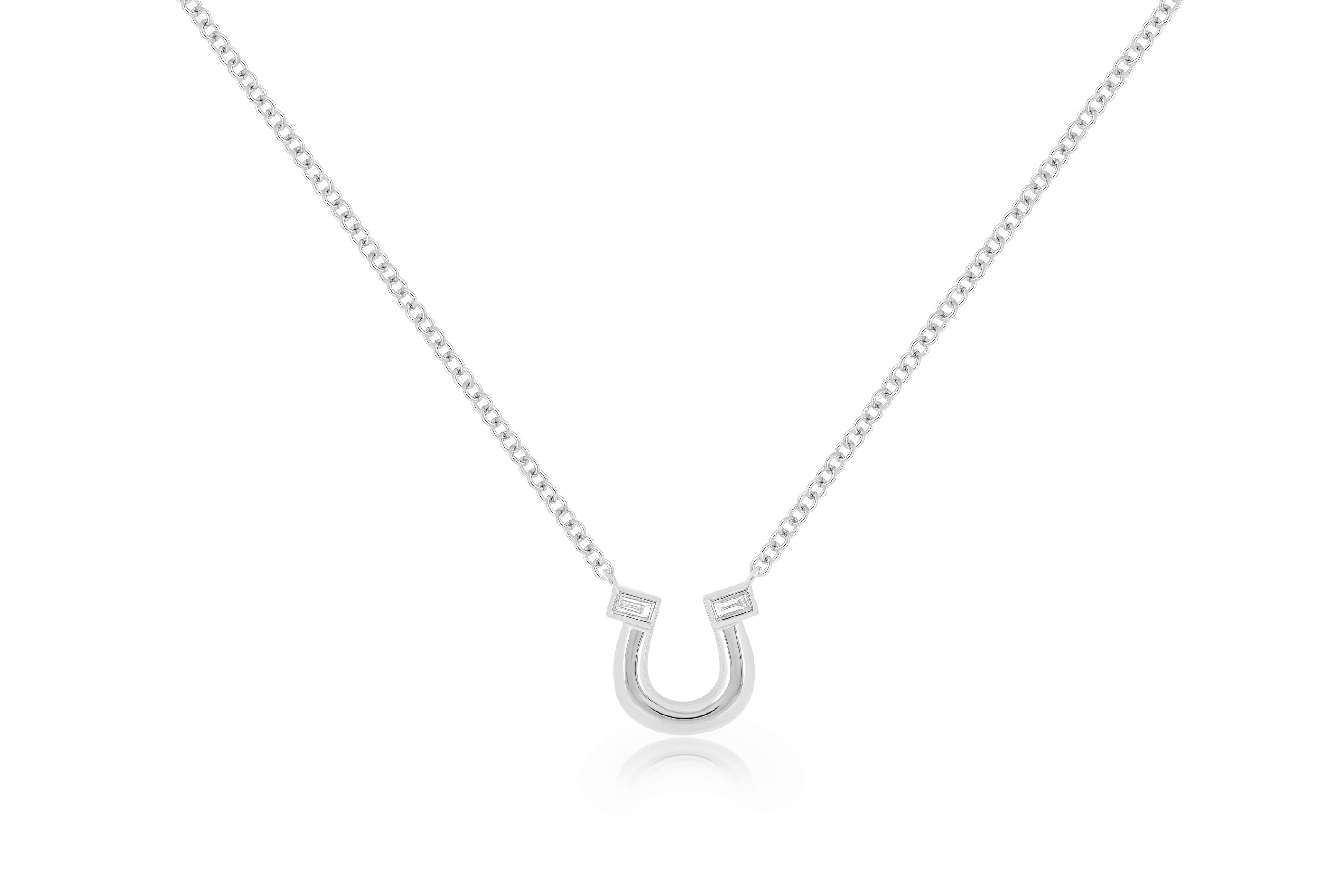 White Gold Horseshoe Necklace with two Baguette Diamonds