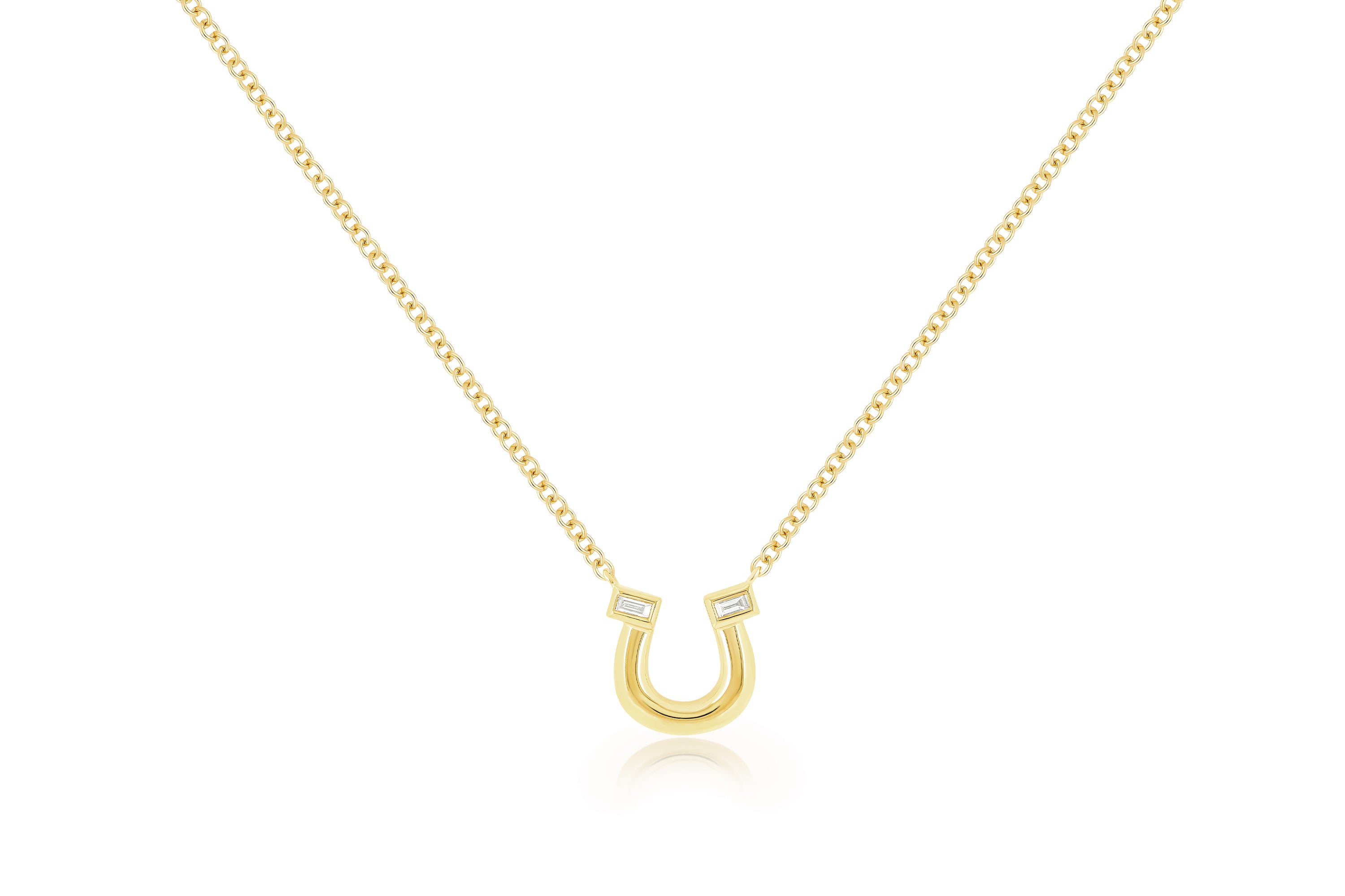 Yellow Gold Horseshoe Necklace with two Baguette Diamonds