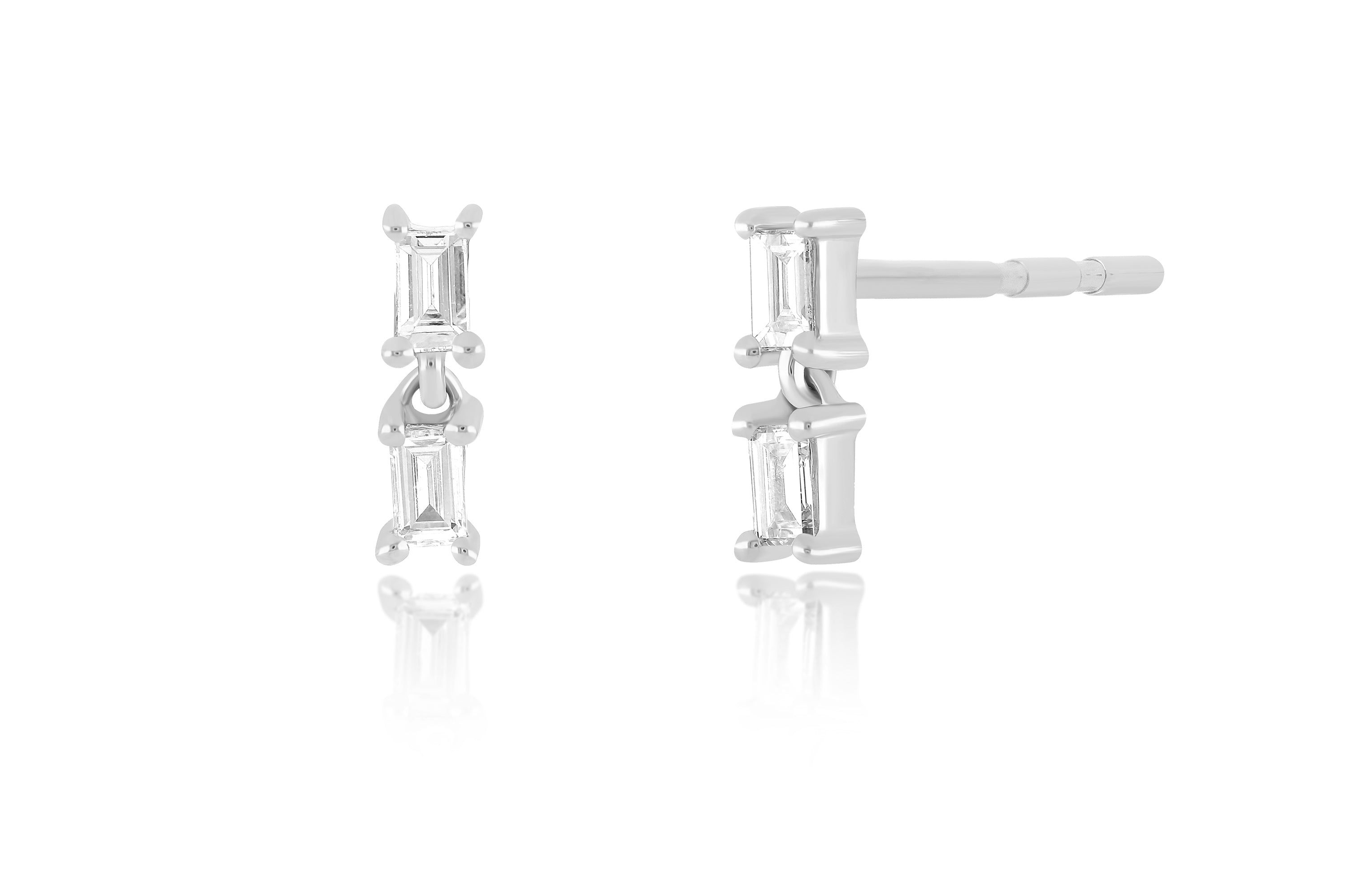 Double Baguette Dangle Stud Earring in 14k White Gold