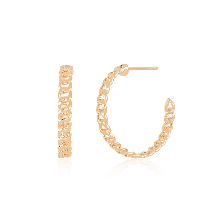Gold Curb Chain Hoop Earring in 14k rose gold