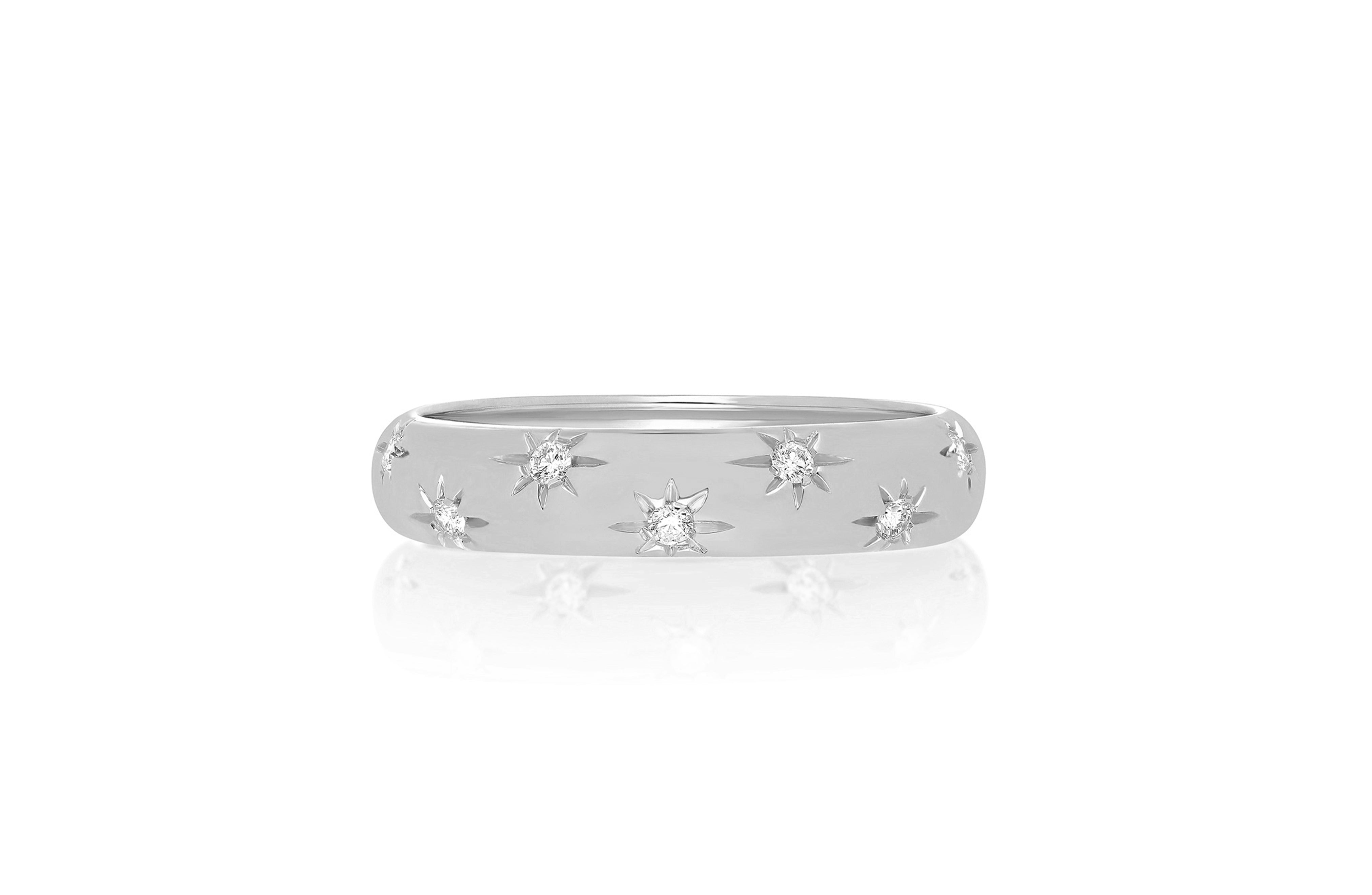 white gold starbrust bubble ring with diamond encrusted stars