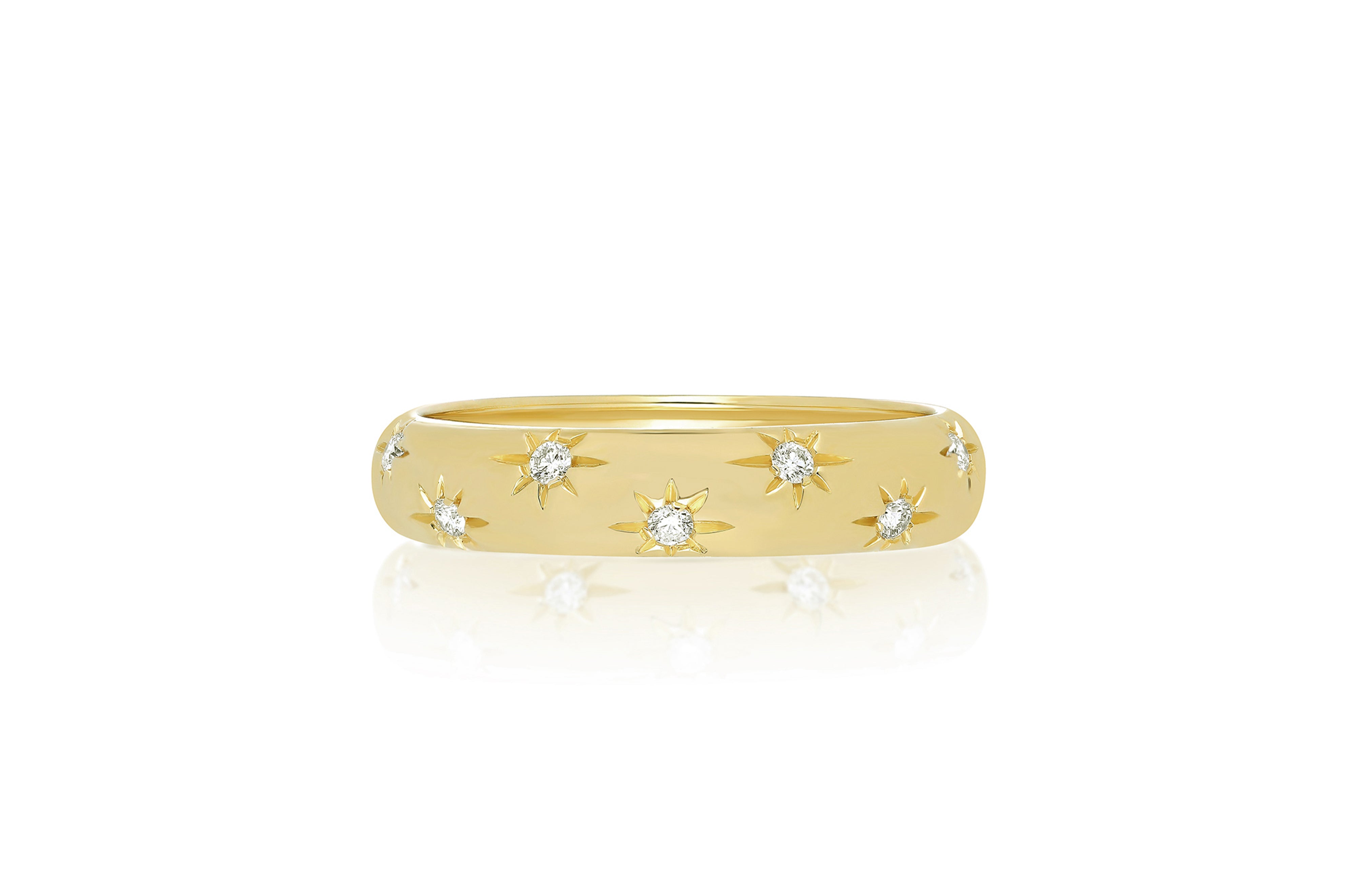 yellow gold starbrust bubble ring with diamond encrusted stars