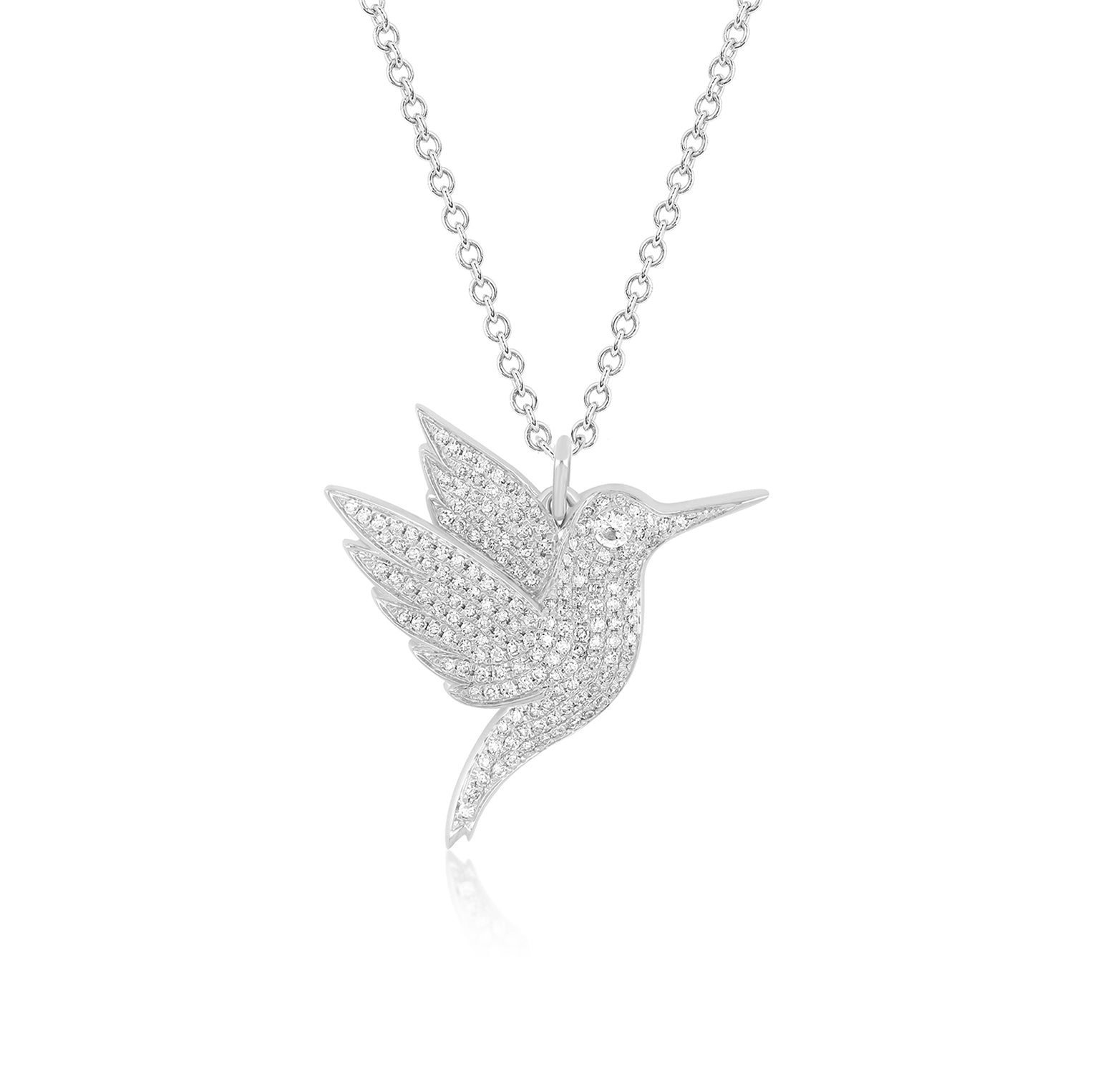 Pavé Diamond Hummingbird Necklace in 14k white gold with diamond birthstone eye