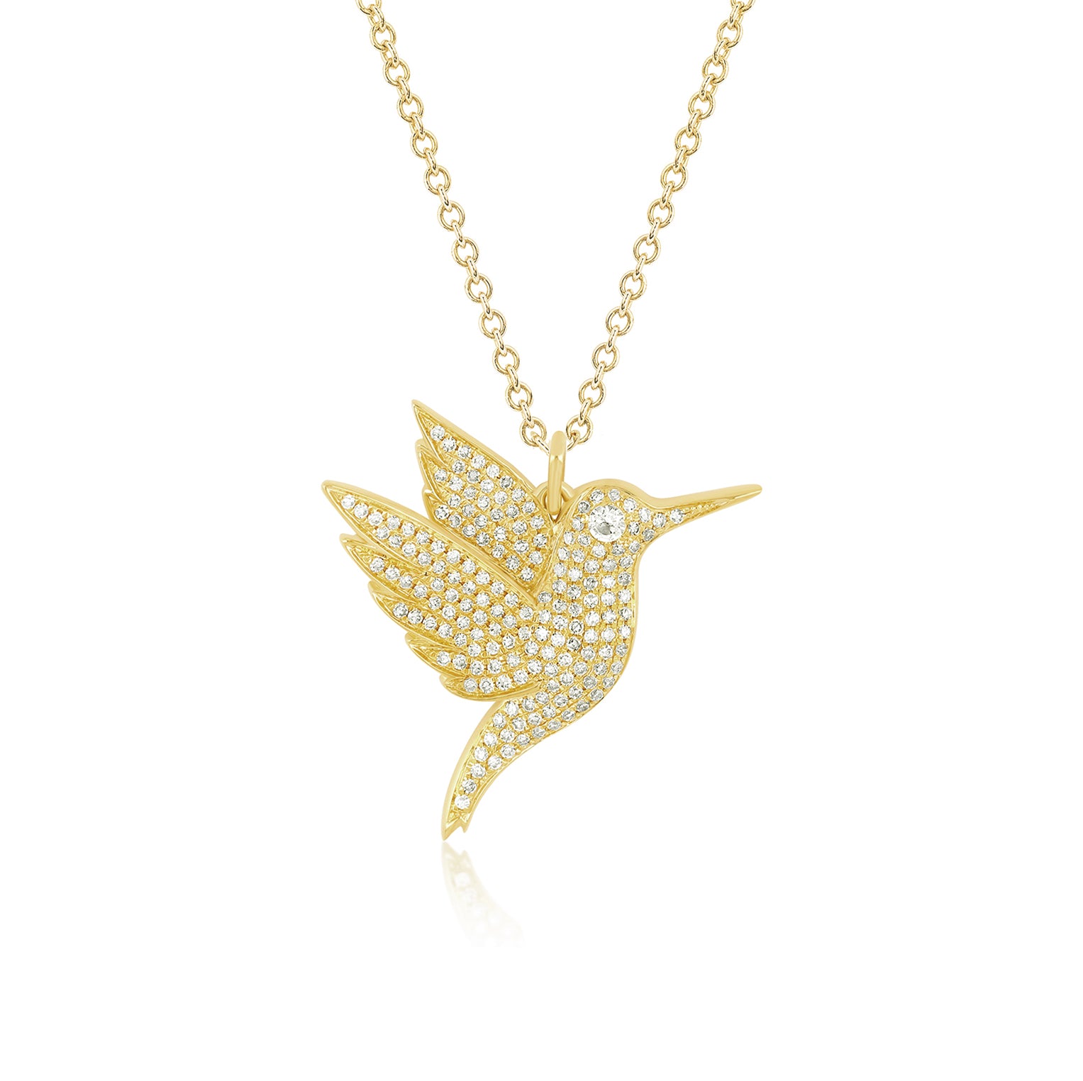Pavé Diamond Hummingbird Necklace in 14k yellow gold with diamond birthstone eye