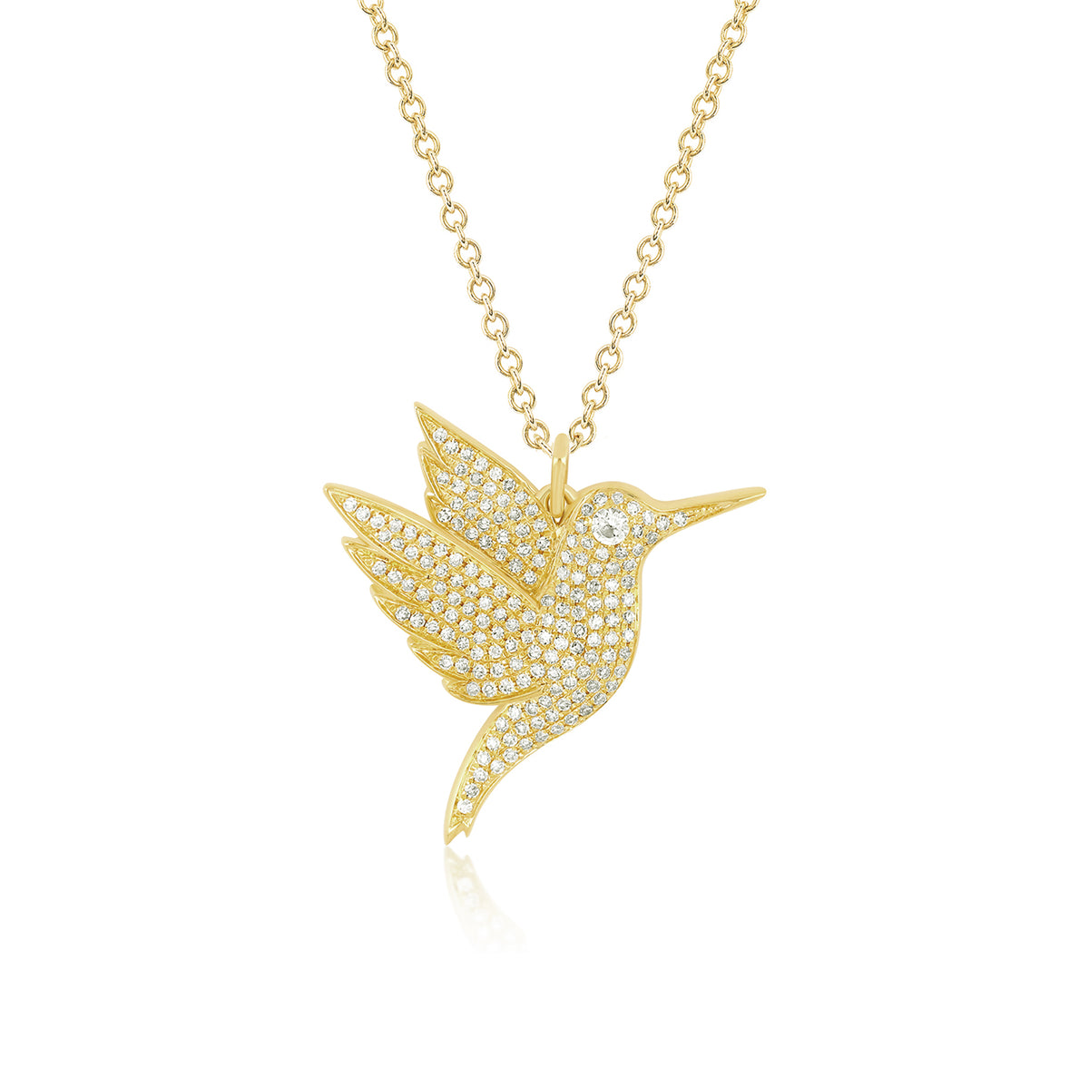 Pavé Diamond Hummingbird Necklace in 14k yellow gold with diamond birthstone eye