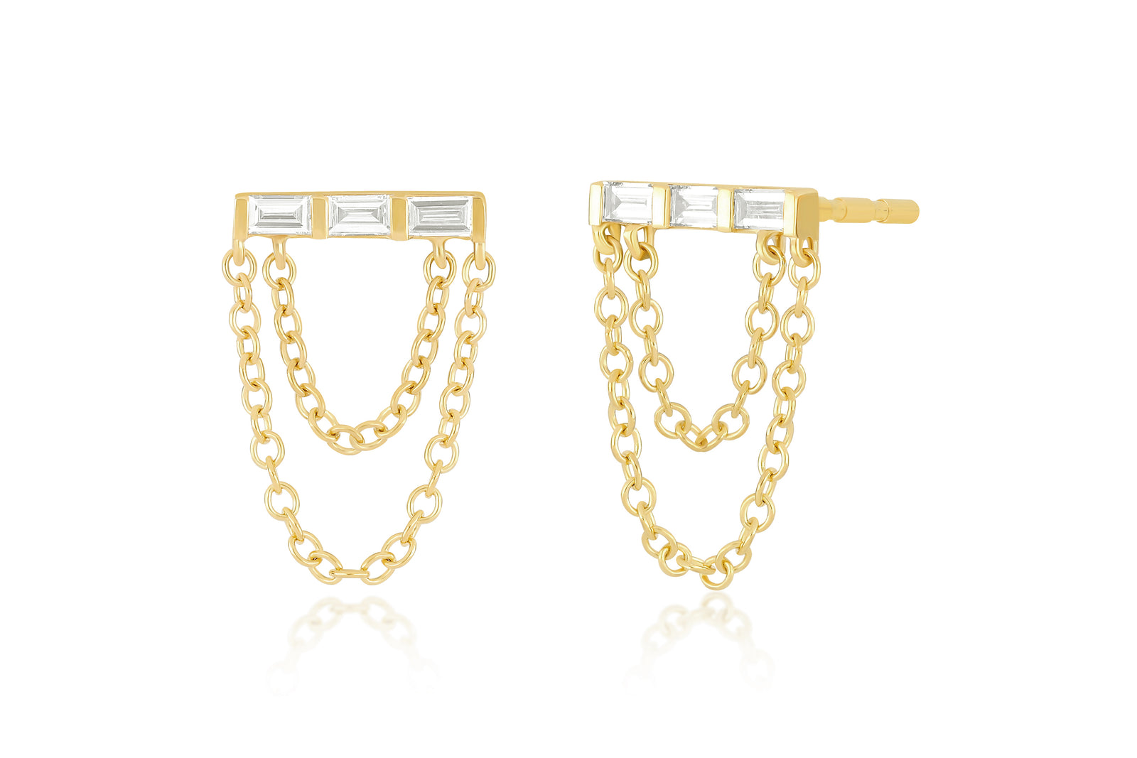 Diamond Baguette Bar Chain Stud Earring in 14k yellow gold