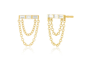 Diamond Baguette Bar Chain Stud Earring in 14k yellow gold