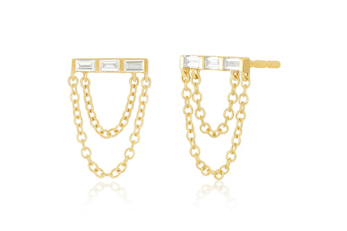 Diamond Baguette Bar Chain Stud Earring in 14k yellow gold
