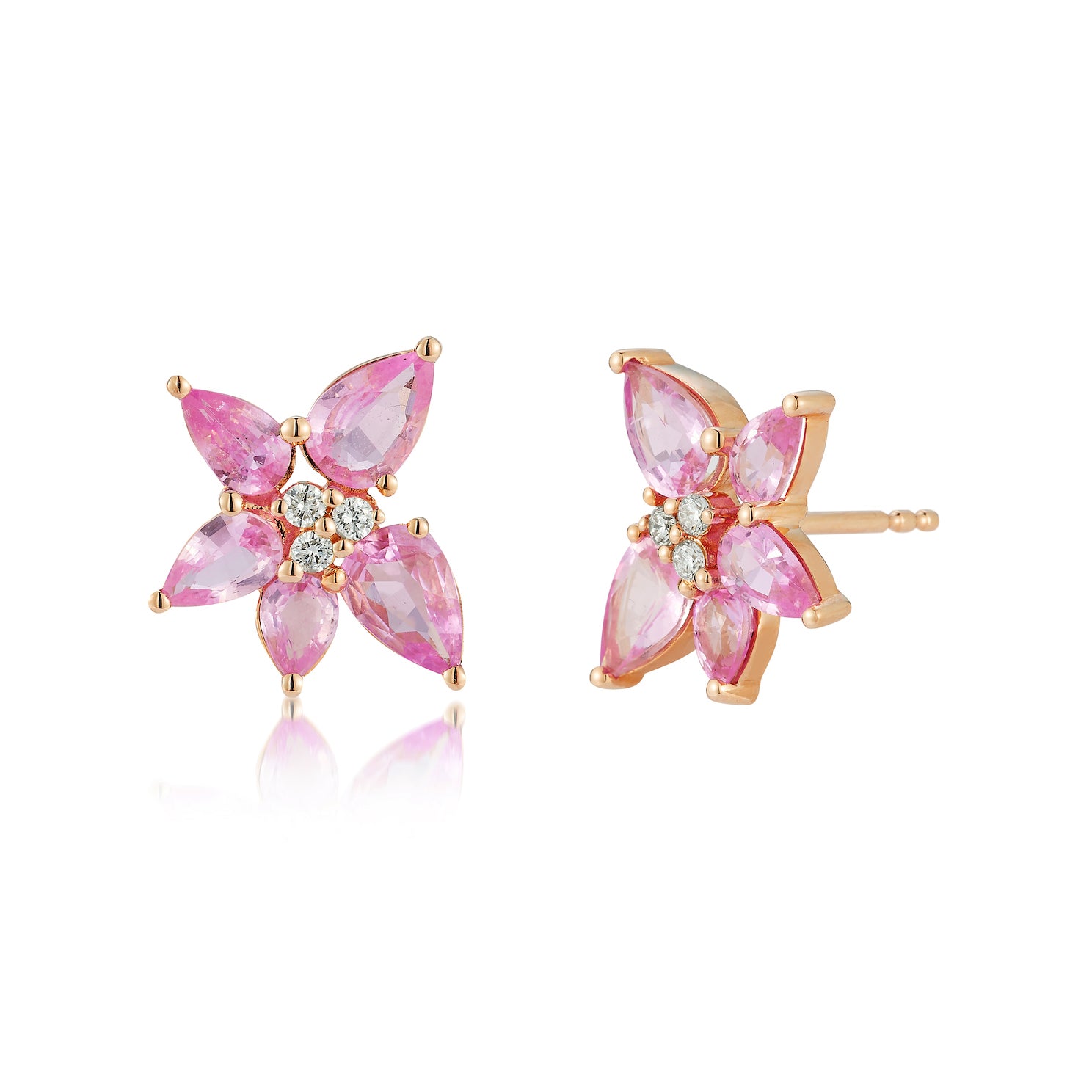 Pink Sapphire & Diamond Trio Cluster Stud Earring in 14k rose gold