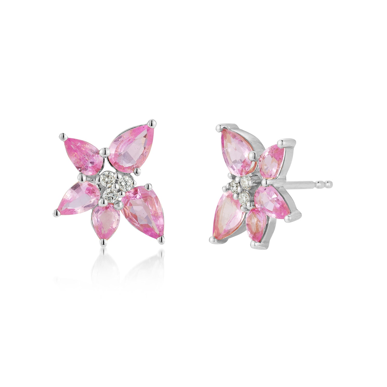 Pink Sapphire & Diamond Trio Cluster Stud Earring in 14k white gold