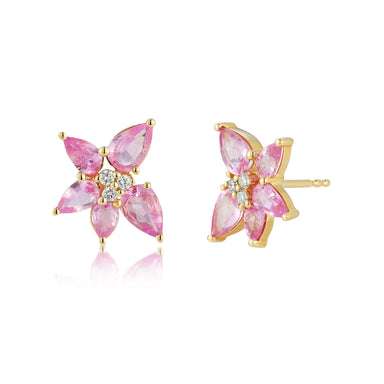 Pink Sapphire & Diamond Trio Cluster Stud Earring in 14k yellow gold
