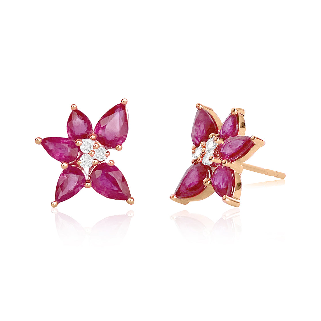 Ruby and Diamond Trio Cluster Stud Earring in rose gold