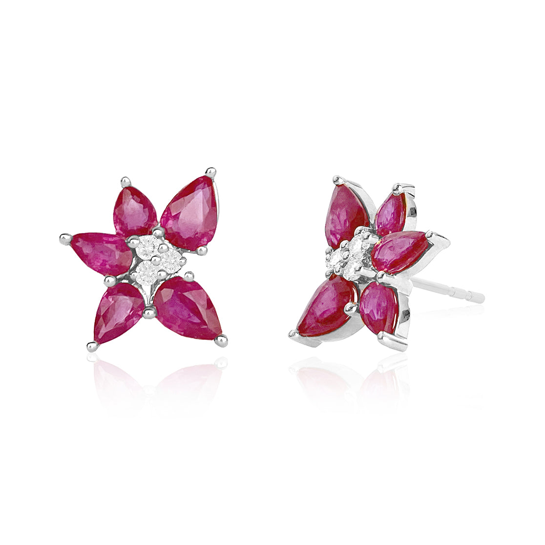 Ruby and Diamond Trio Cluster Stud Earring in white gold