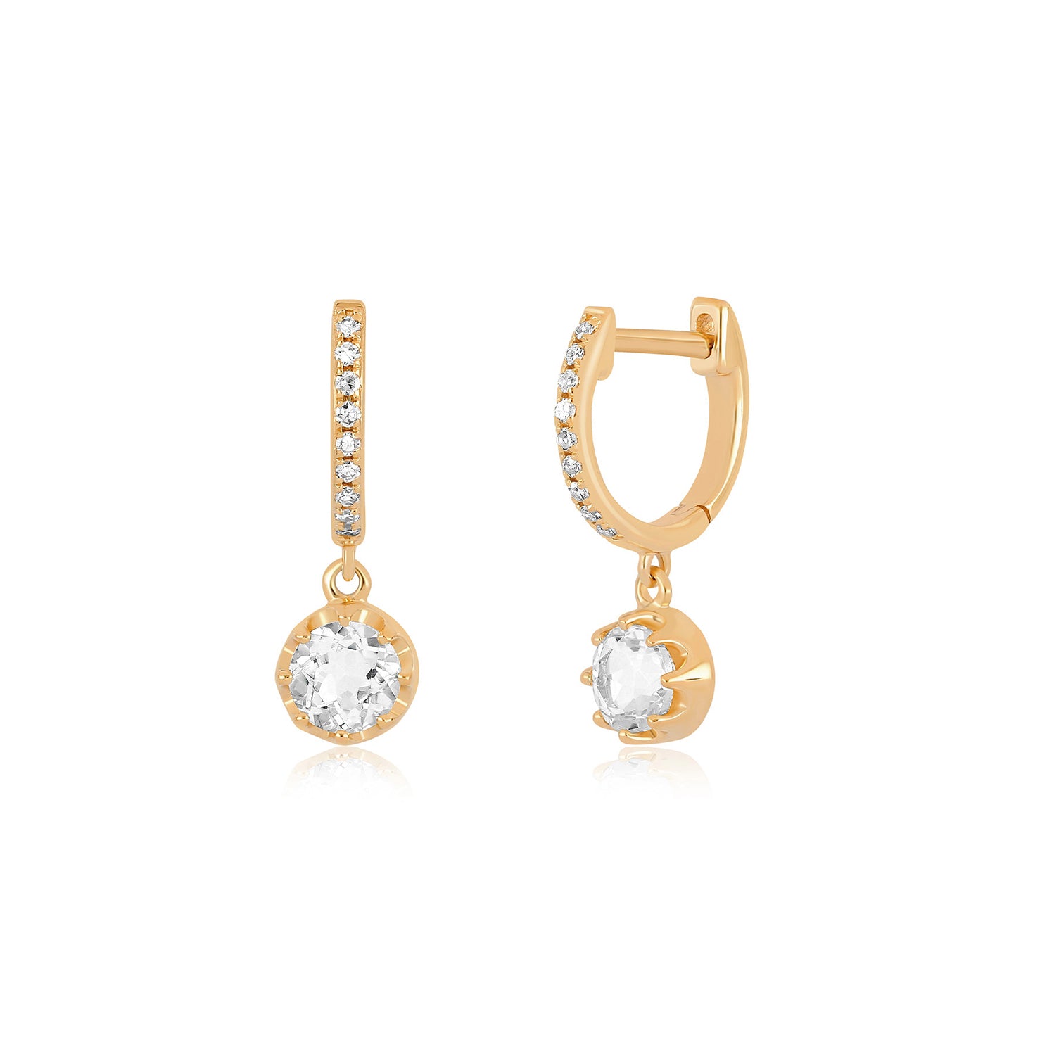 White Quartz Crown Drop Diamond Mini Huggie Earring in 14k rose gold