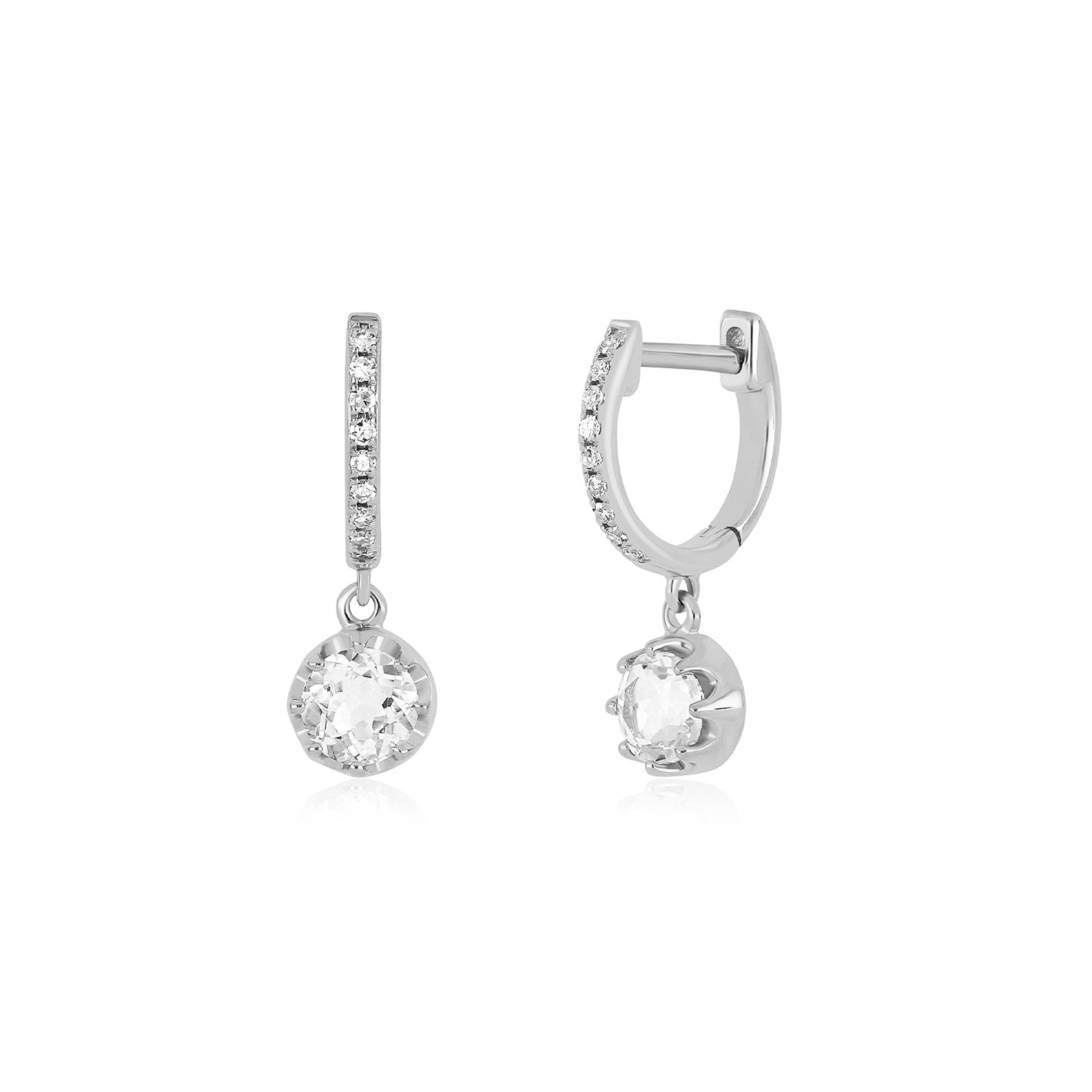 White Quartz Crown Drop Diamond Mini Huggie Earring in 14k white gold