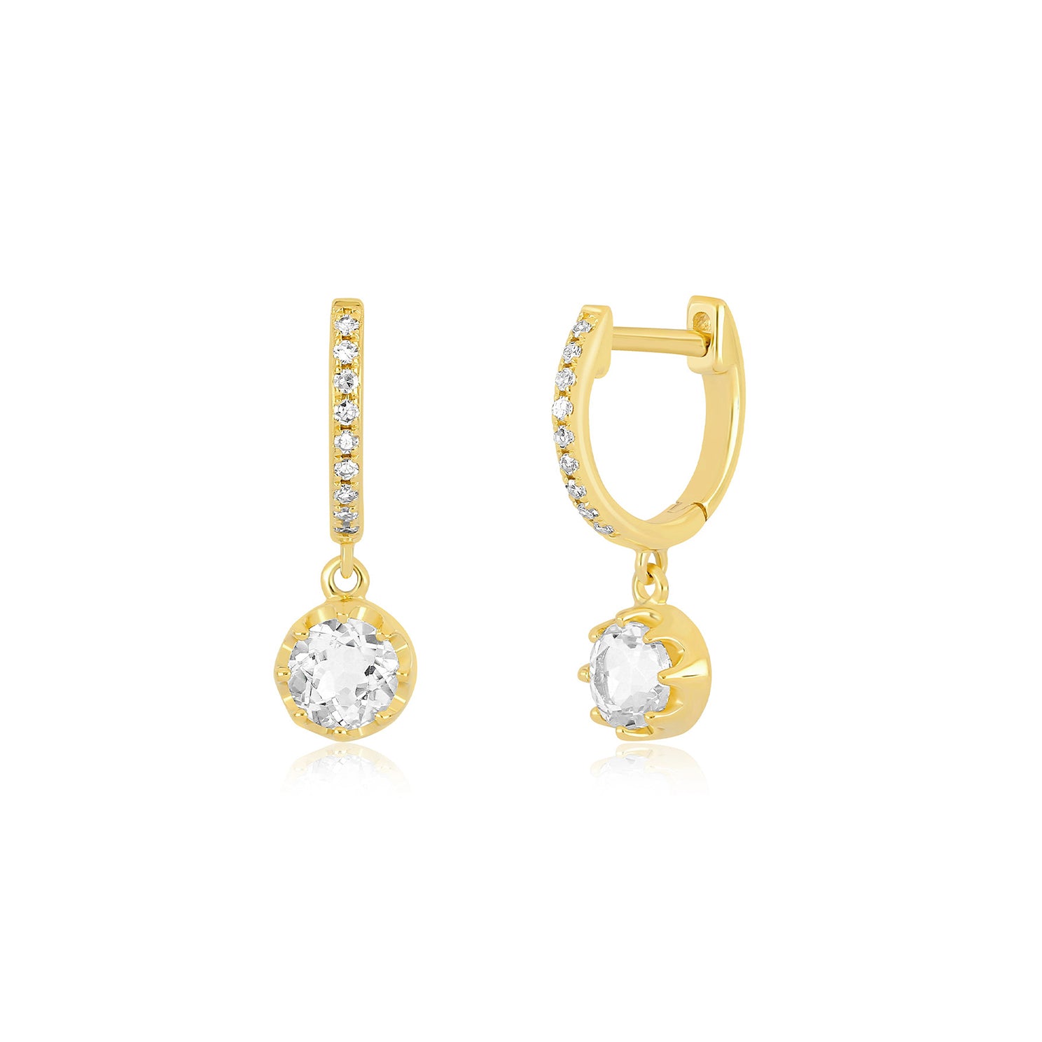 White Quartz Crown Drop Diamond Mini Huggie Earring in 14k yellow gold