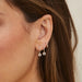 White Quartz Crown Drop Diamond Mini Huggie Earring in 14k yellow gold styled on two holes of ear of model next to diamond mini huggie