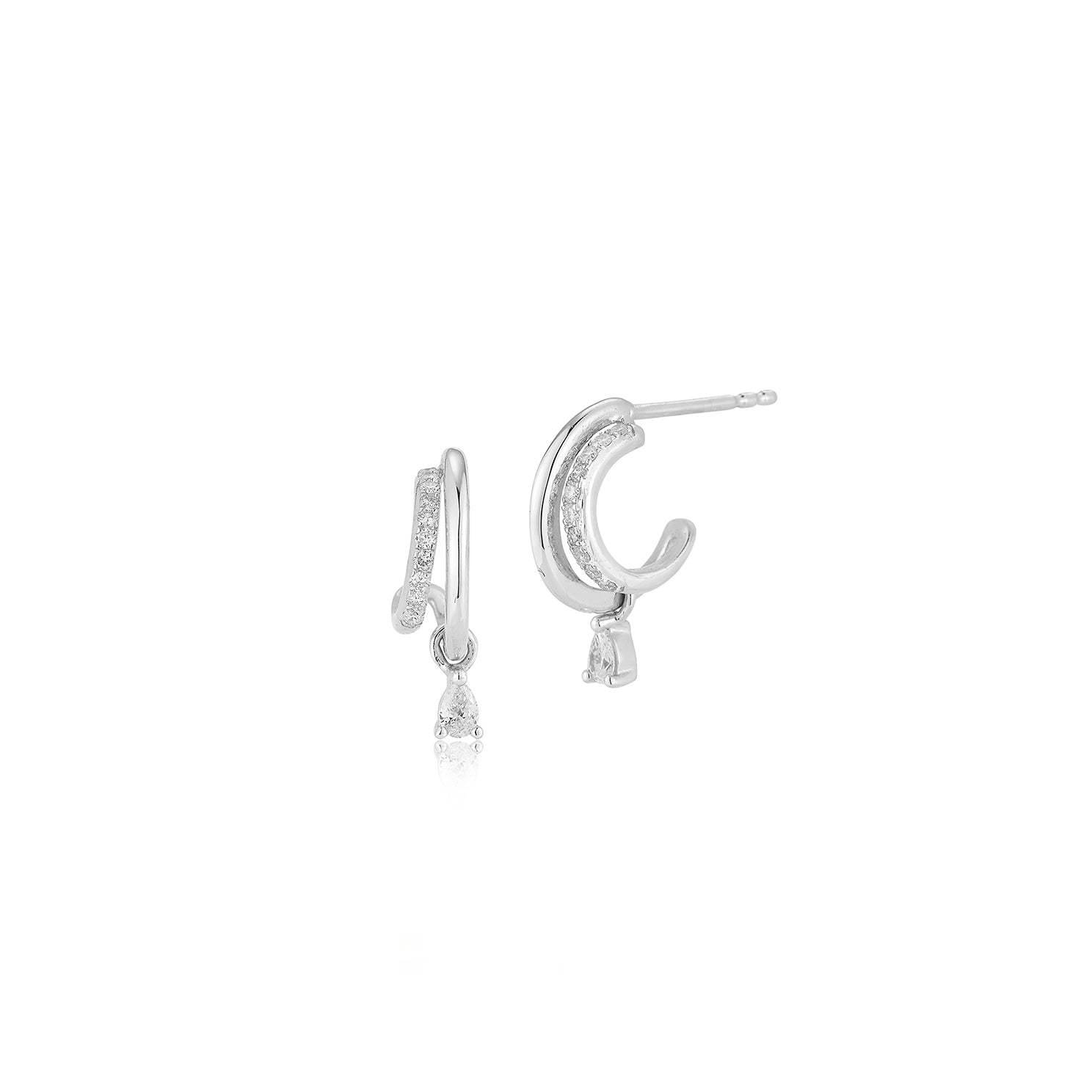 Diamond Pear Drop Double Huggie Earring in 14k white gold