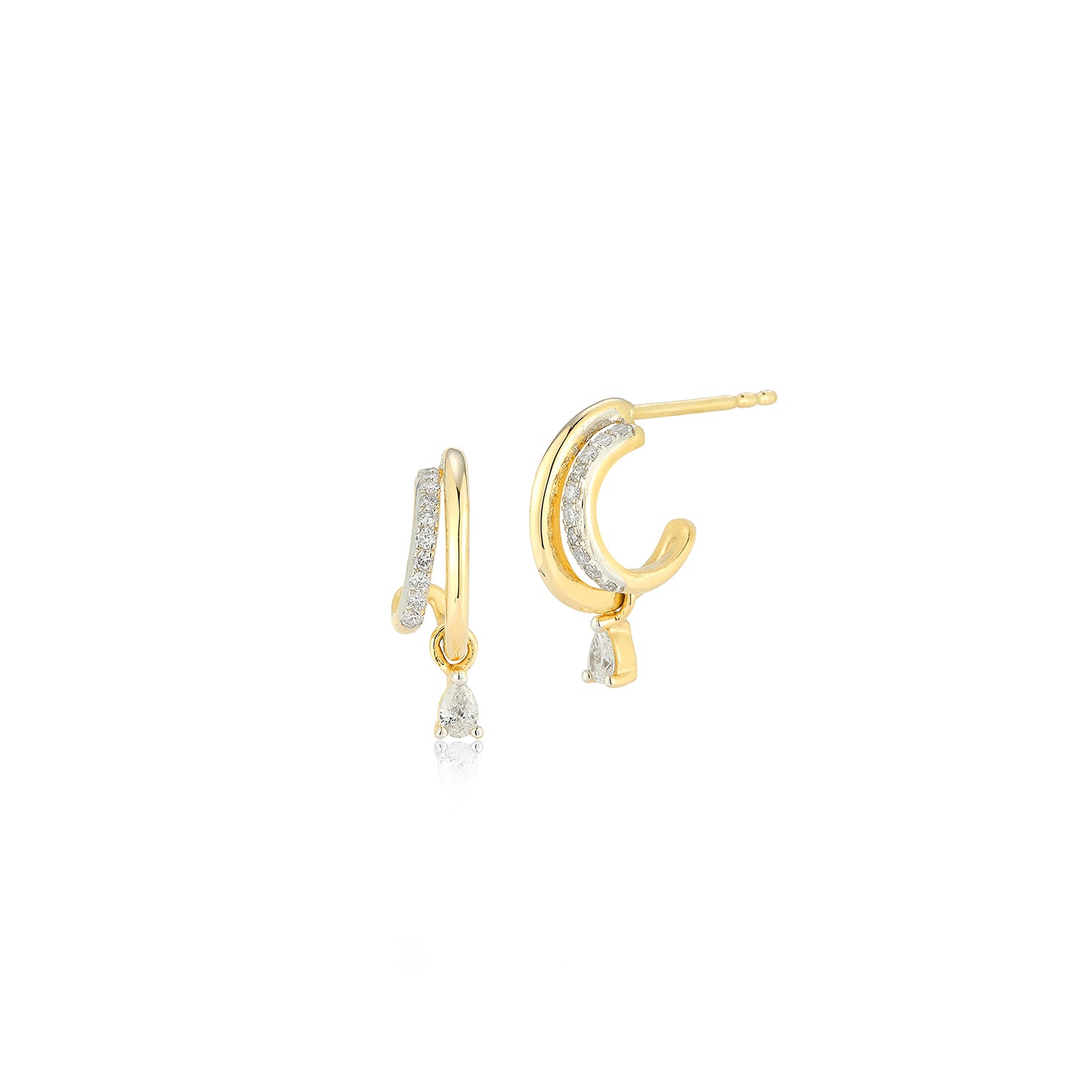 Diamond Pear Drop Double Huggie Earring in 14k yellow gold