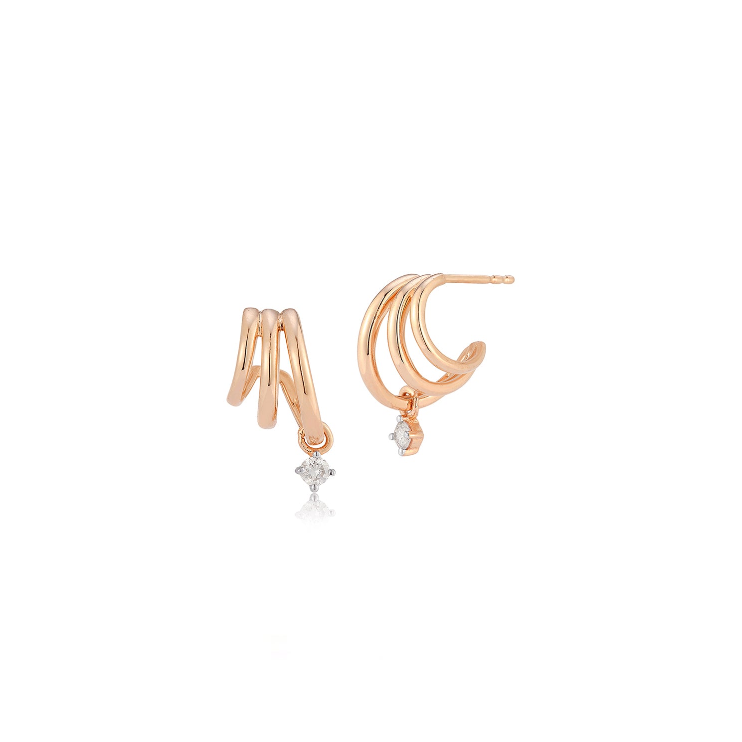 Diamond Drop Triple Huggie Earring in 14k rose gold