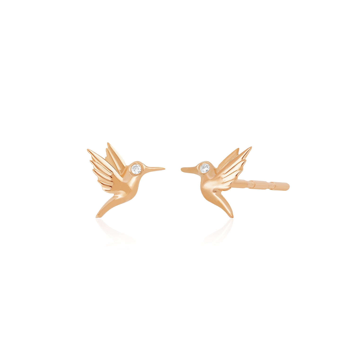 Mini Hummingbird Stud Earring With Diamond Eye in 14k rose gold