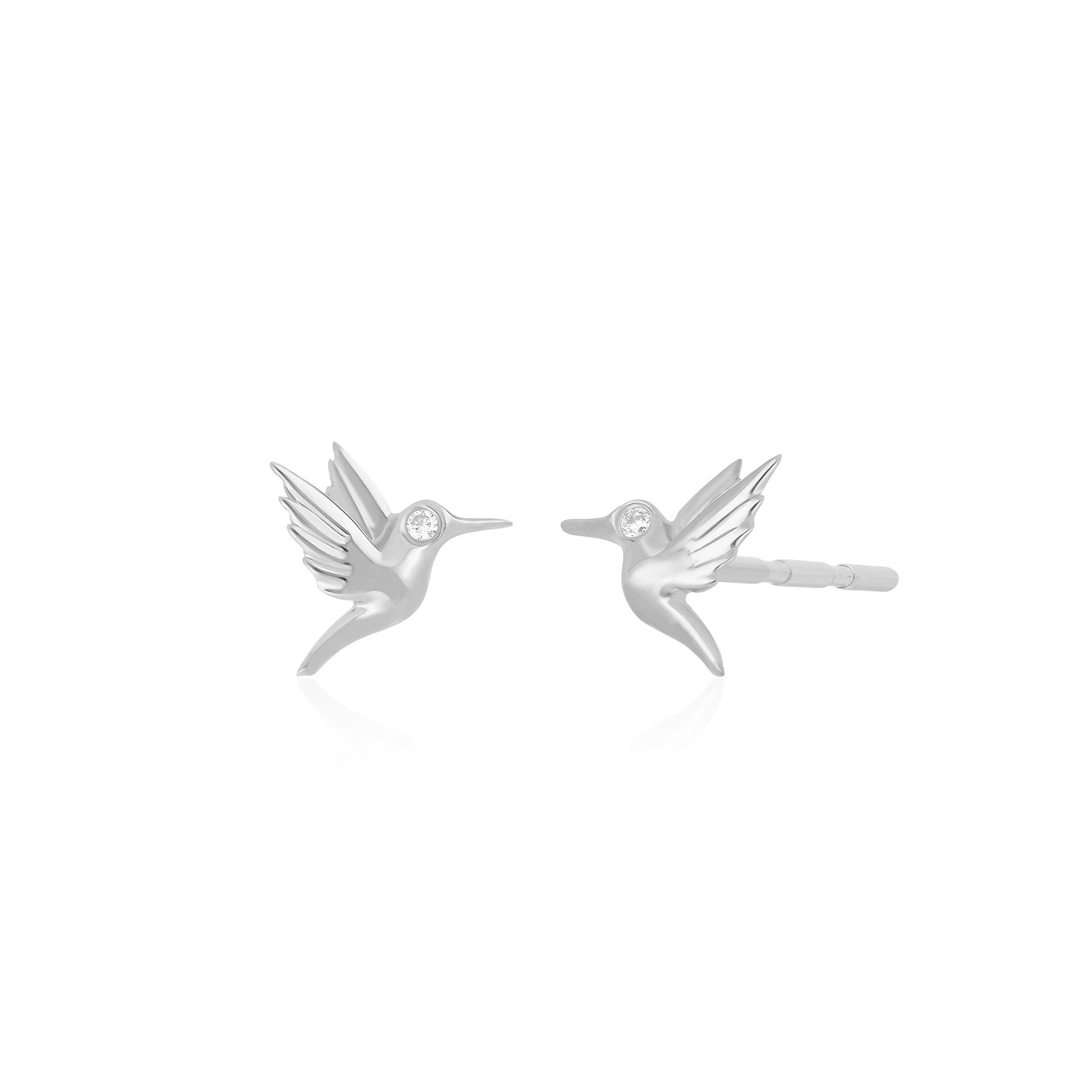 Mini Hummingbird Stud Earring With Diamond Eye in 14k white gold