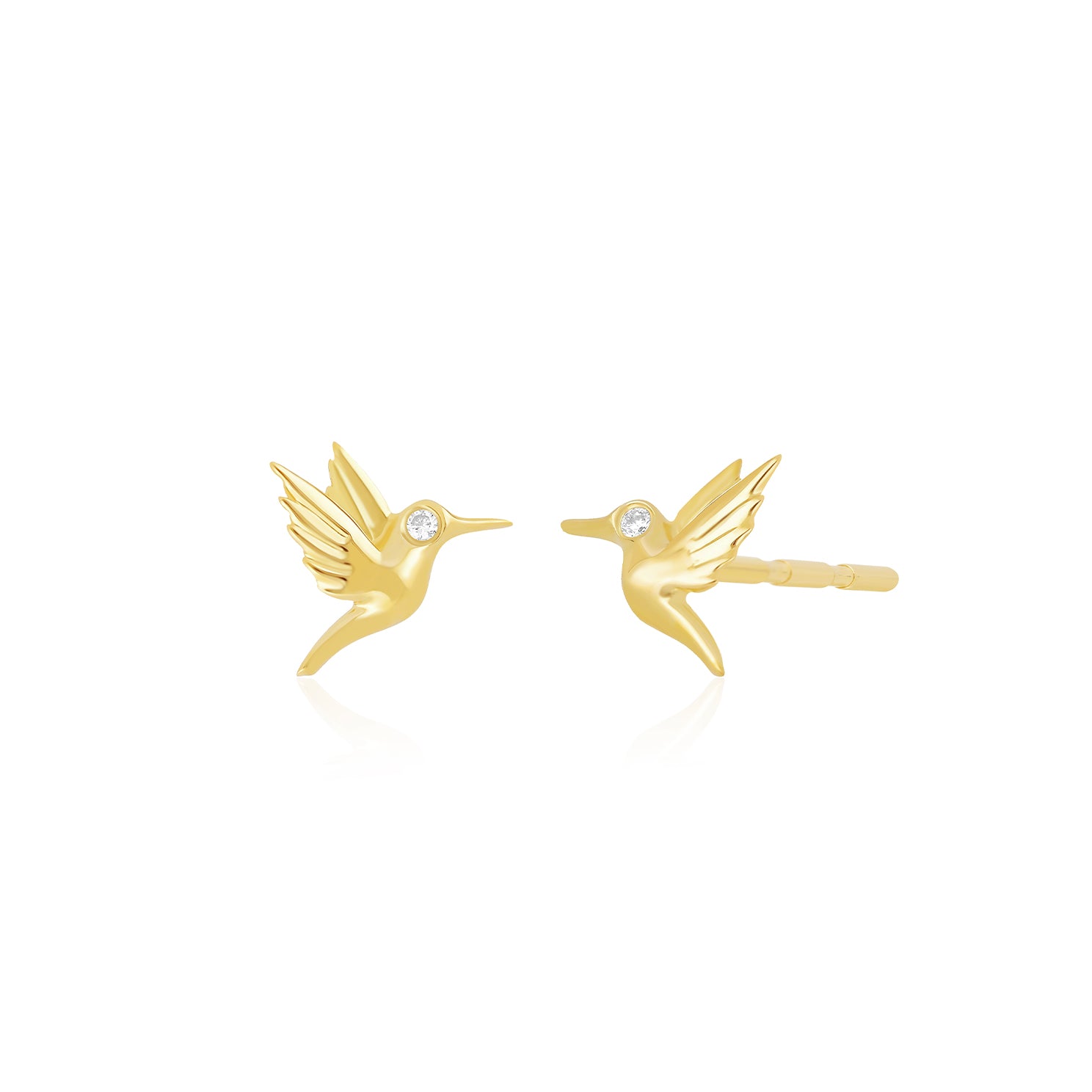 Mini Hummingbird Stud Earring With Diamond Eye in 14k yellow gold