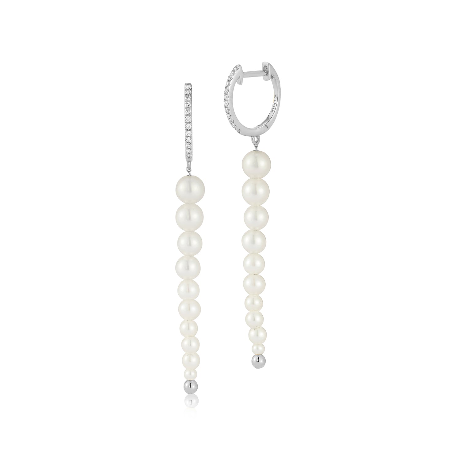 Diamond & Graduated Pearl Drop Earrings in 14k white gold