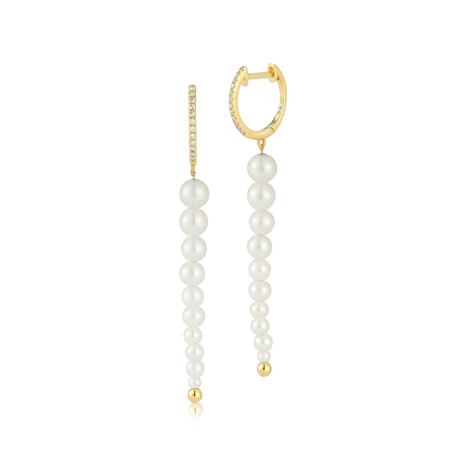 Diamond & Graduated Pearl Drop Earrings in 14k yellow gold