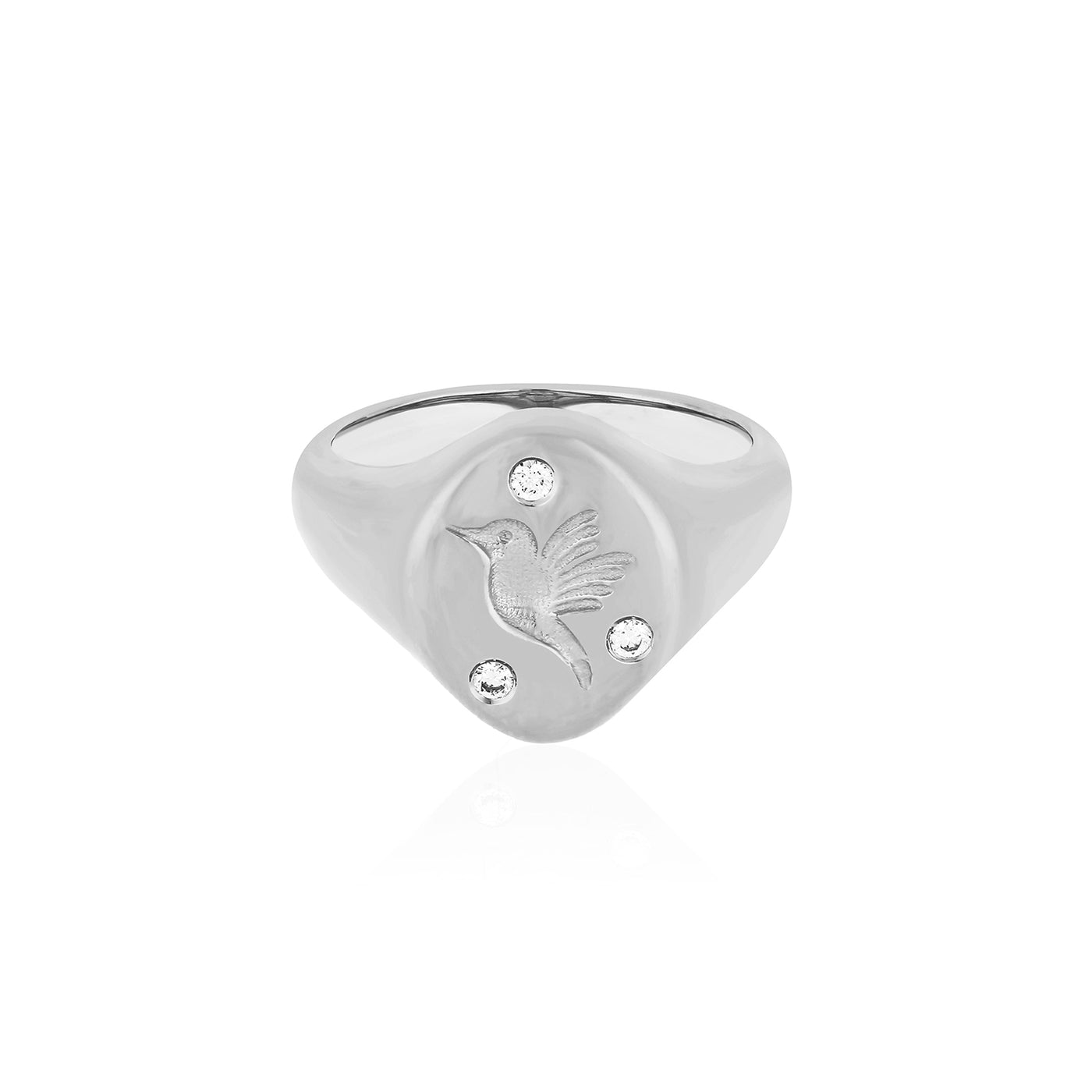 Diamond Hummingbird Signet Ring in 14k white gold