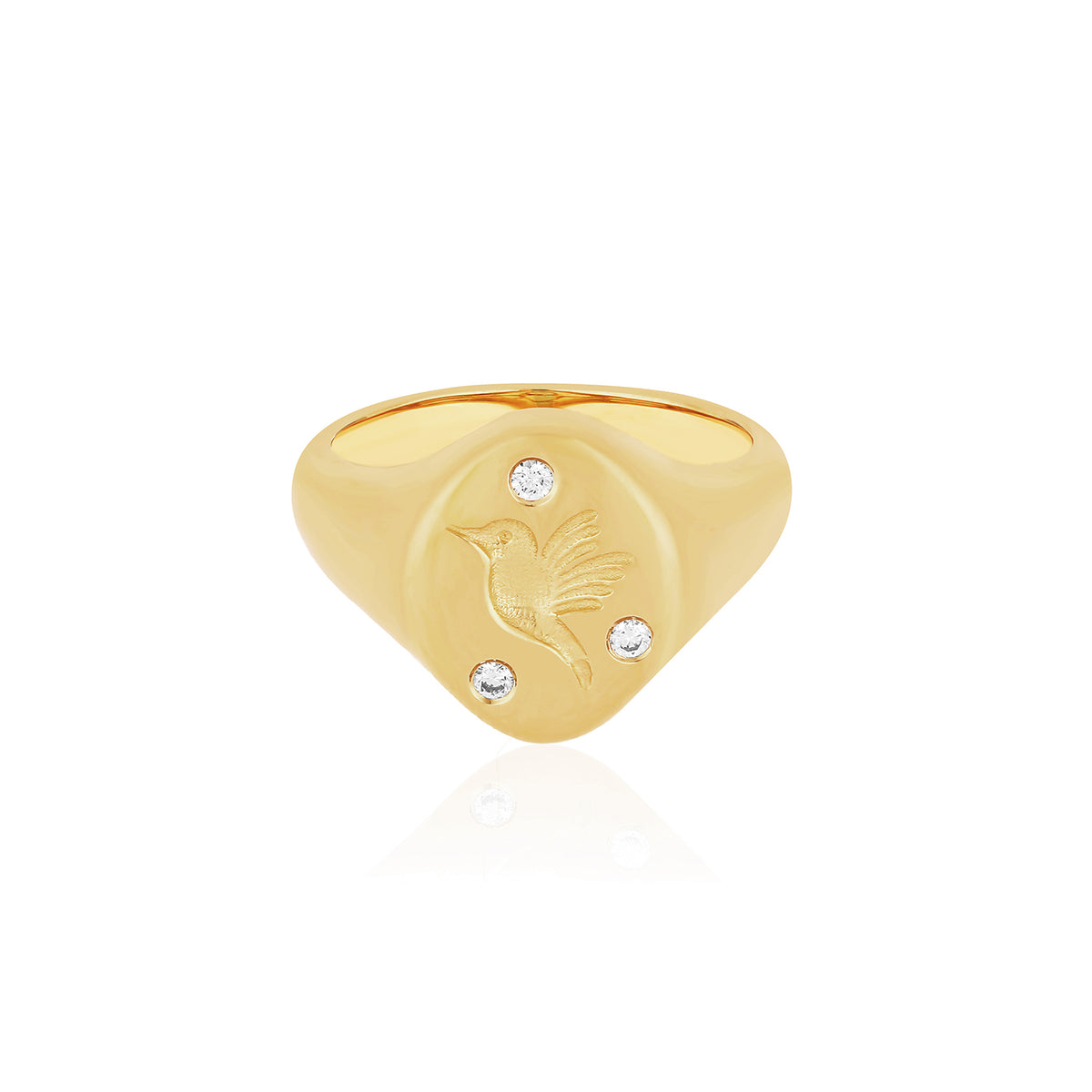 Diamond Hummingbird Signet Ring in 14k yellow gold