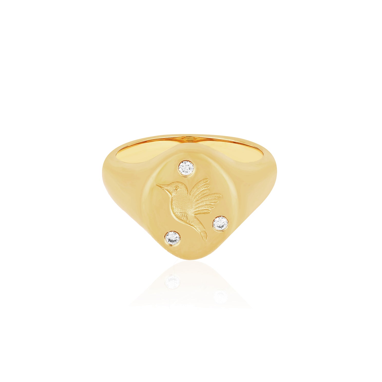 Diamond Hummingbird Signet Ring in 14k yellow gold