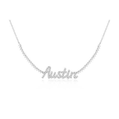 Luxe Diamond Script Name Necklace in 14k white gold with initials AUSTIN