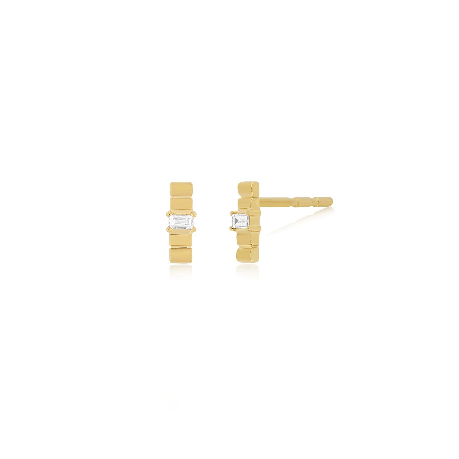 Diamond & Gold Fluted Bar Stud Earring in 14k yellow gold
